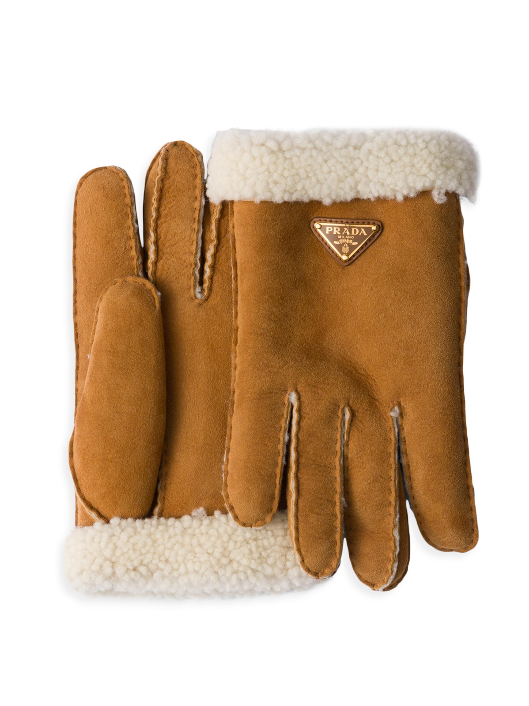 Prada Women's Suede Sheepskin Gloves - Beige Khaki