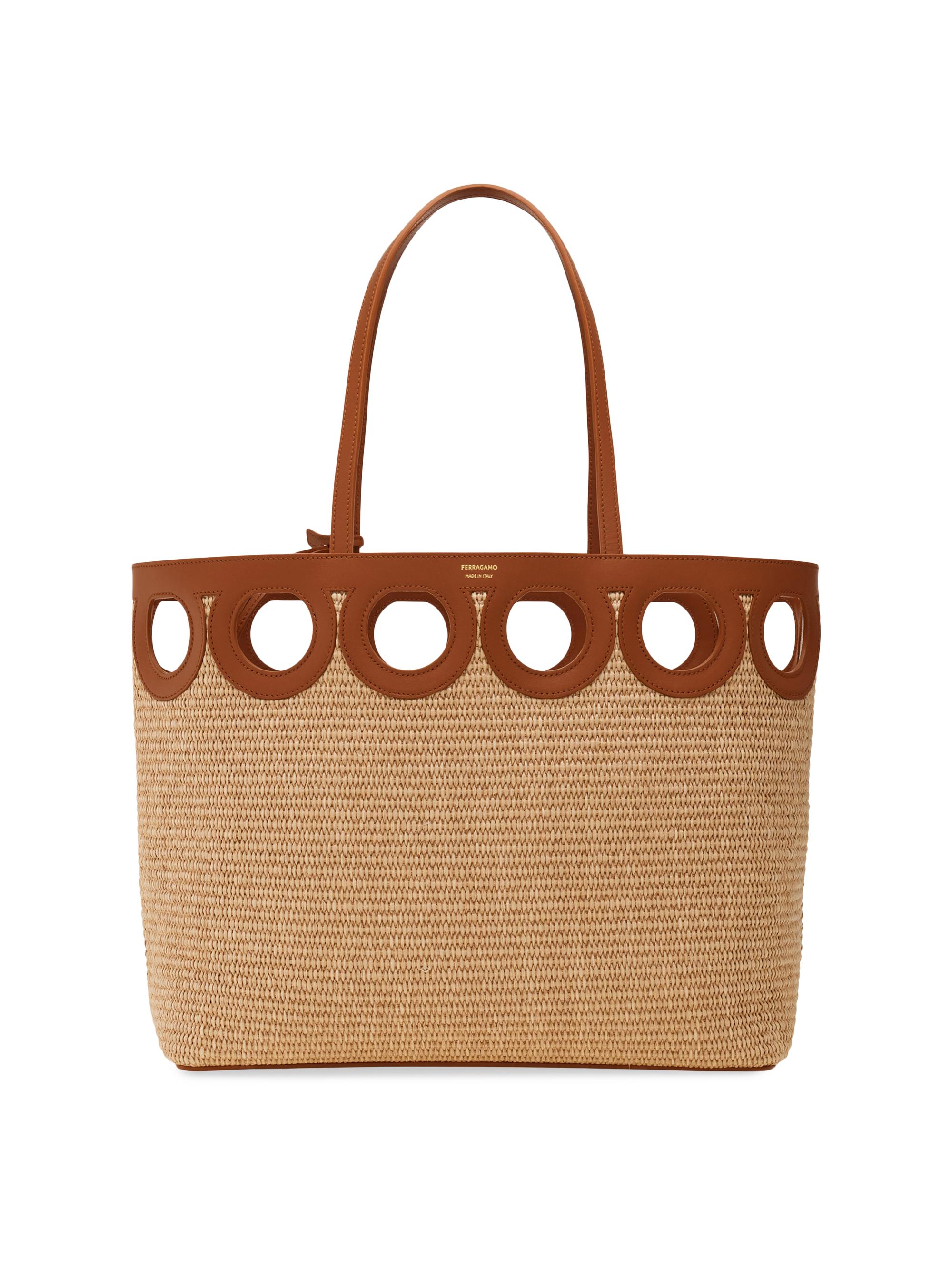 FERRAGAMO Women's Cut-Out Leather-Trimmed Raffia Tote Bag - Naturale Resort