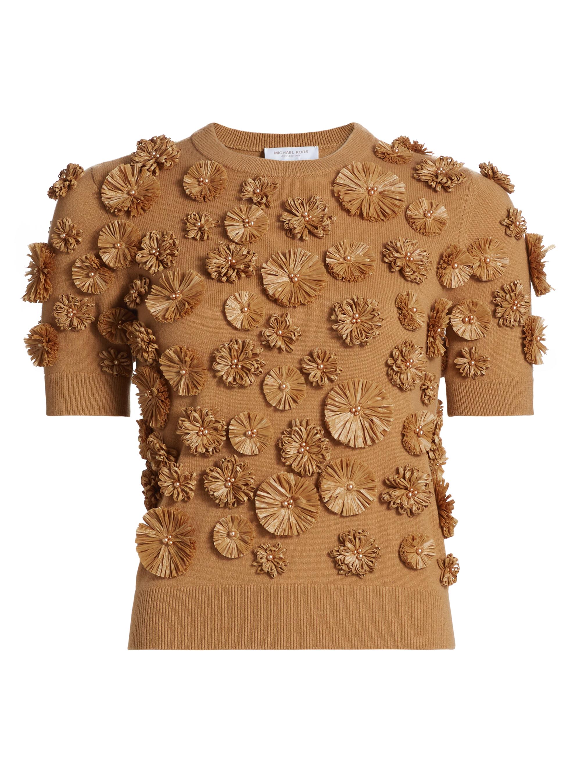Michael Kors Collection Women's Floral-Embroidered Cashmere Short-Sleeve Sweater - Peanut