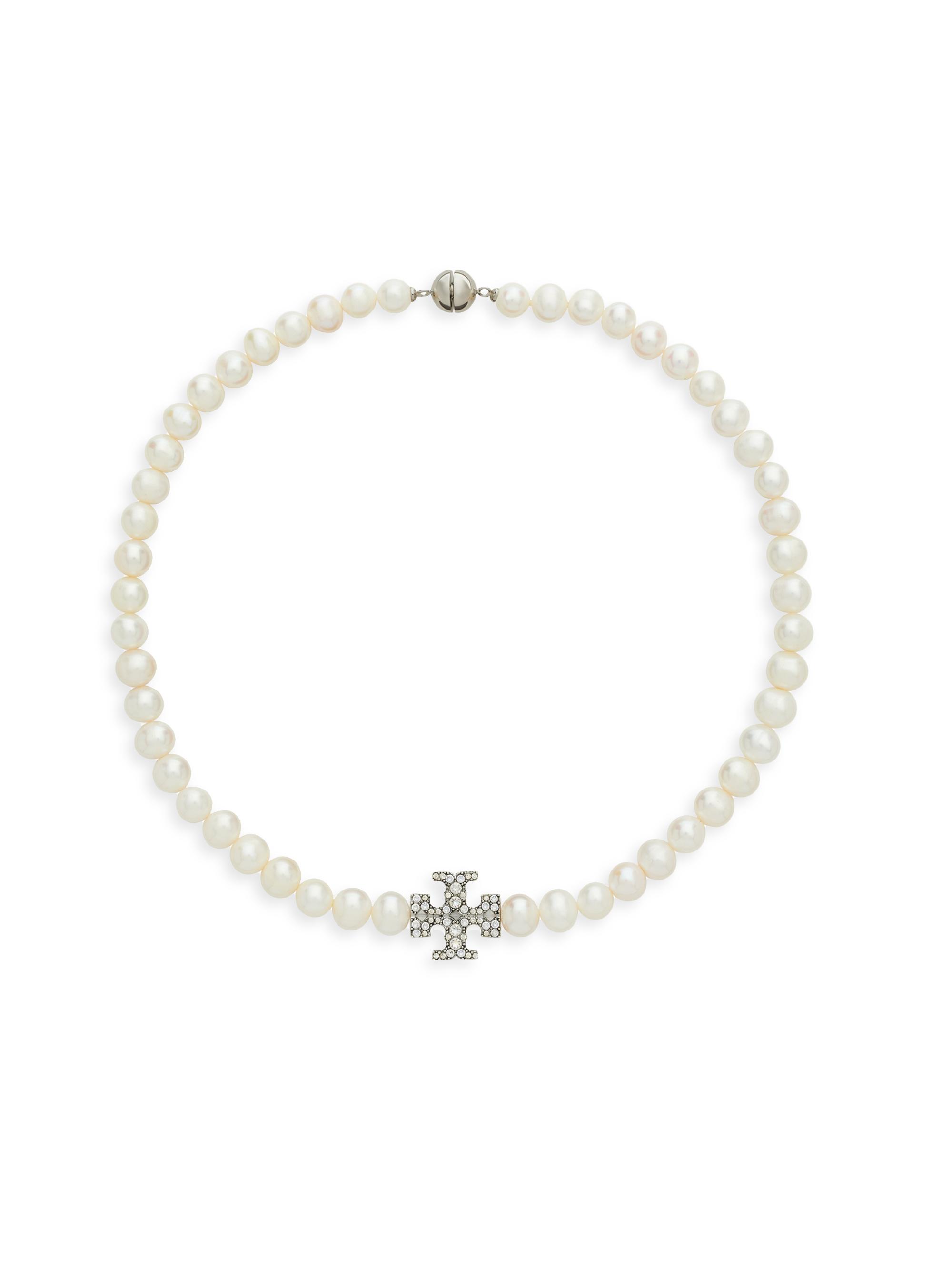 Tory Burch Women's Kira Silvertone, Cultured Pearl & Glass Crystal Logo Pendant Necklace - Tory Silver Pearl Crystal