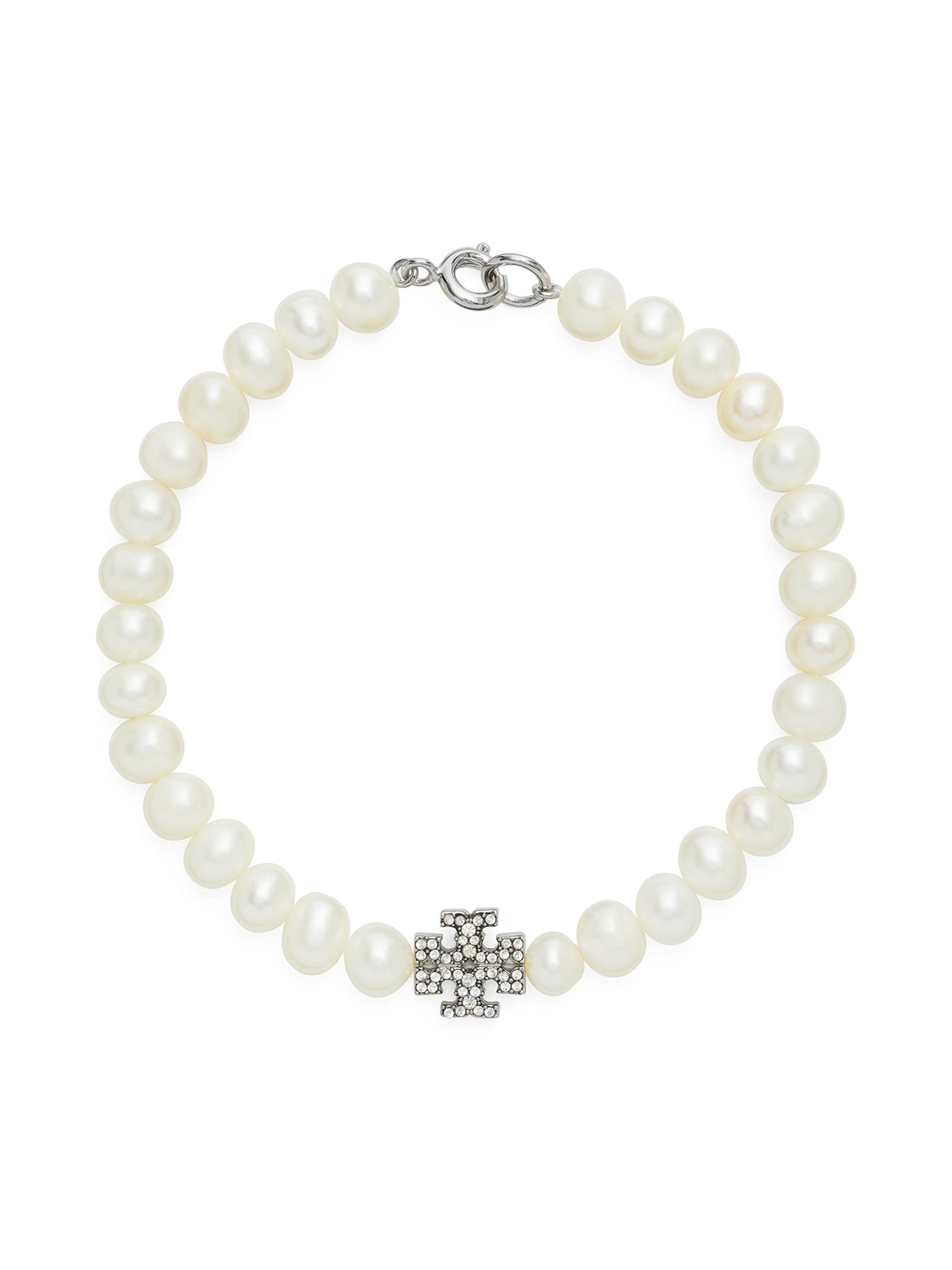 Tory Burch Women's Kira Silvertone, Cultured Pearl & Glass Crystal Logo Bracelet - Tory Silver Crystal Pearl