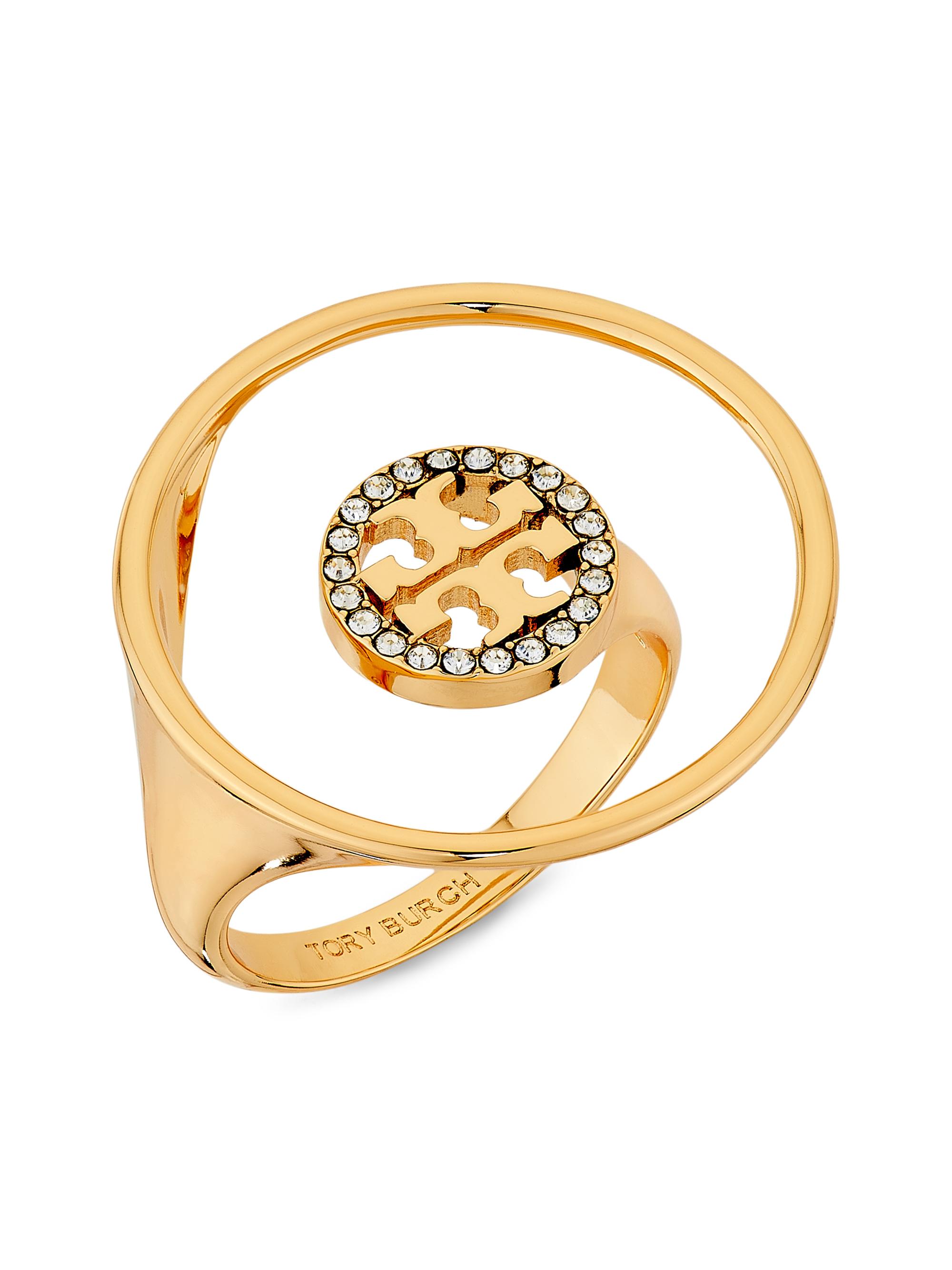 Tory Burch Women's Miller 18K-Gold-Plated & Glass Crystal Logo Ring - Tory Gold Crystal
