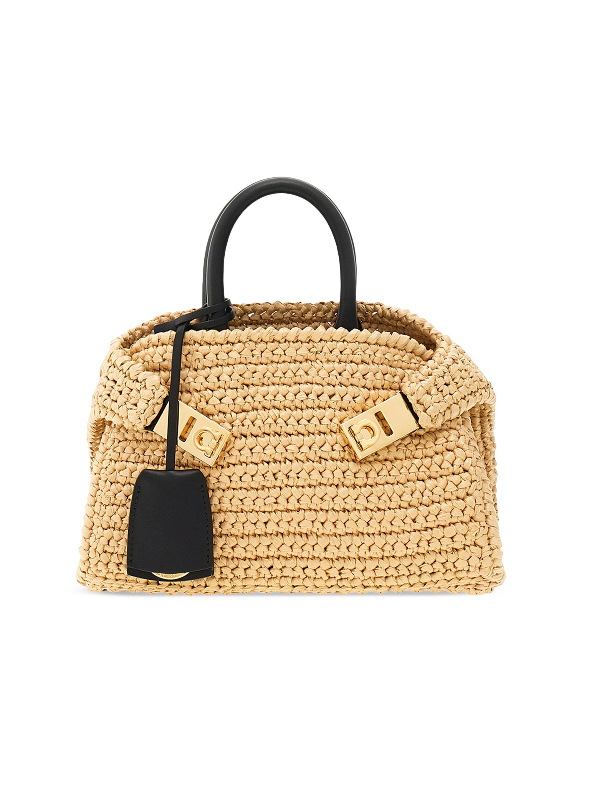 FERRAGAMO Women's Hug Mini Crochet Raffia Top Handle Bag - Cremino - Women's Bags