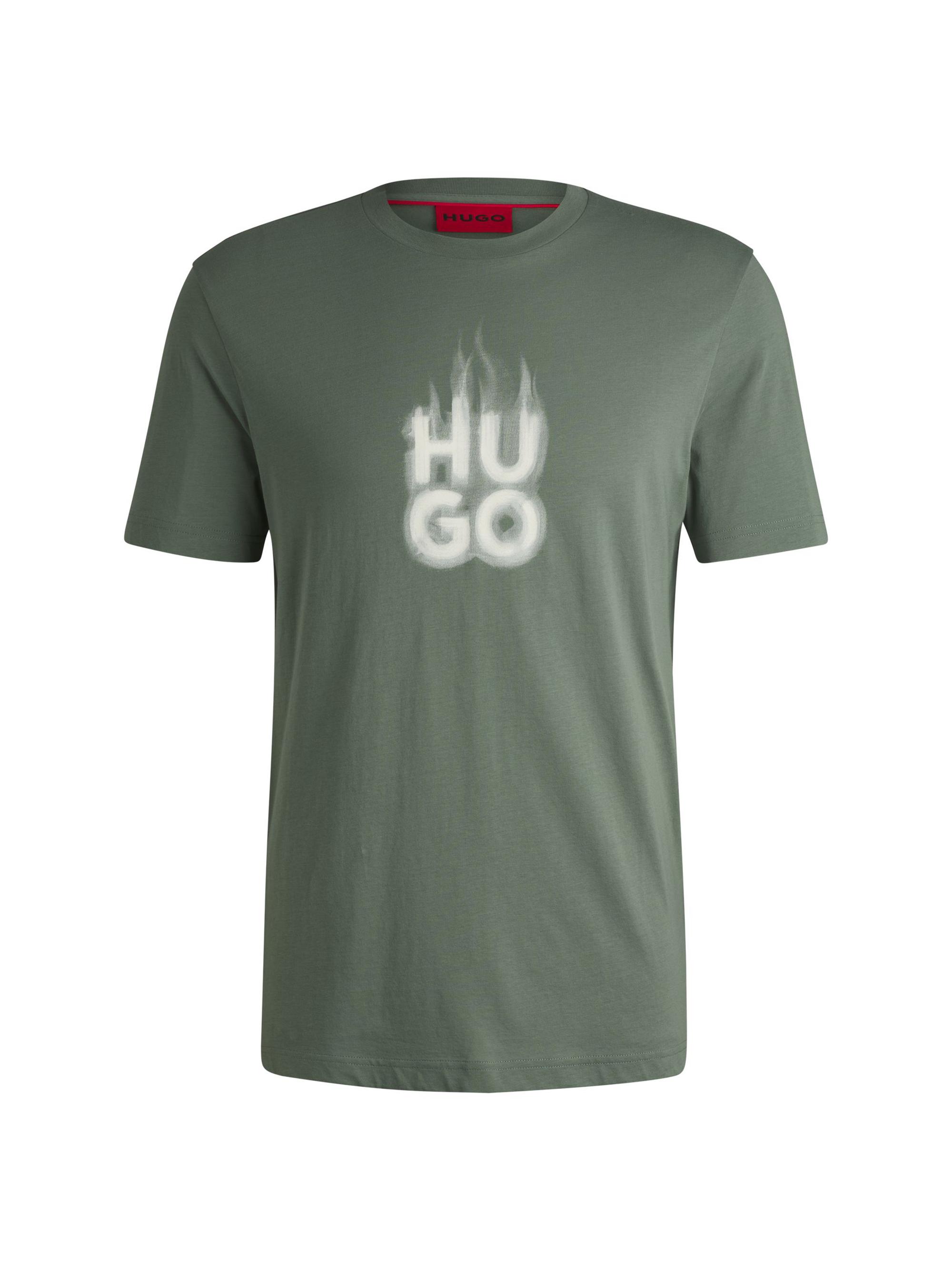 HUGO Men's Cotton-Jersey T-Shirt with Stacked Smoke Logo - Light Green