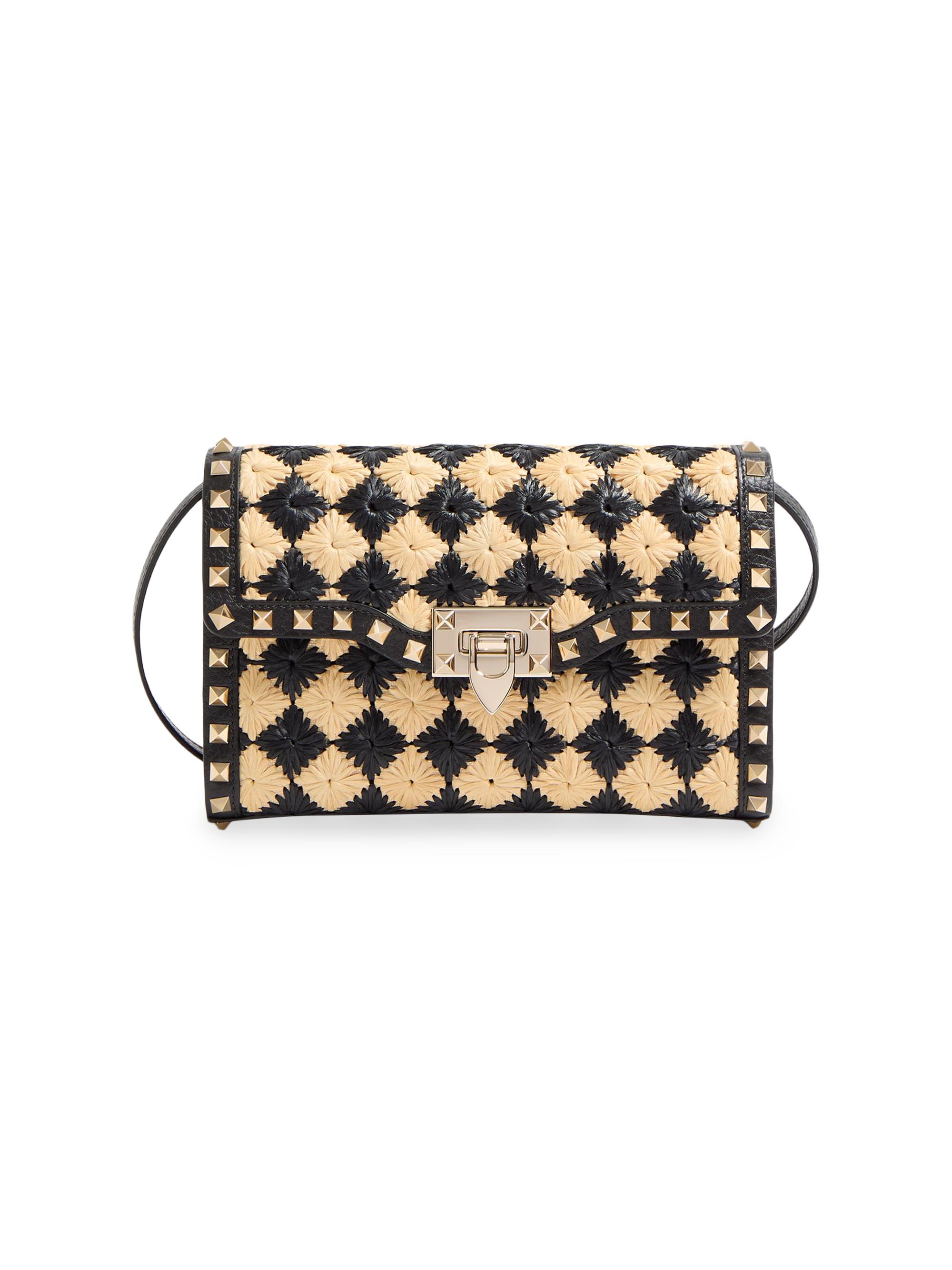 Valentino Garavani Women's Rockstud  Shoulder Bag in Embroidered Synthetic Raffia - Natural Black