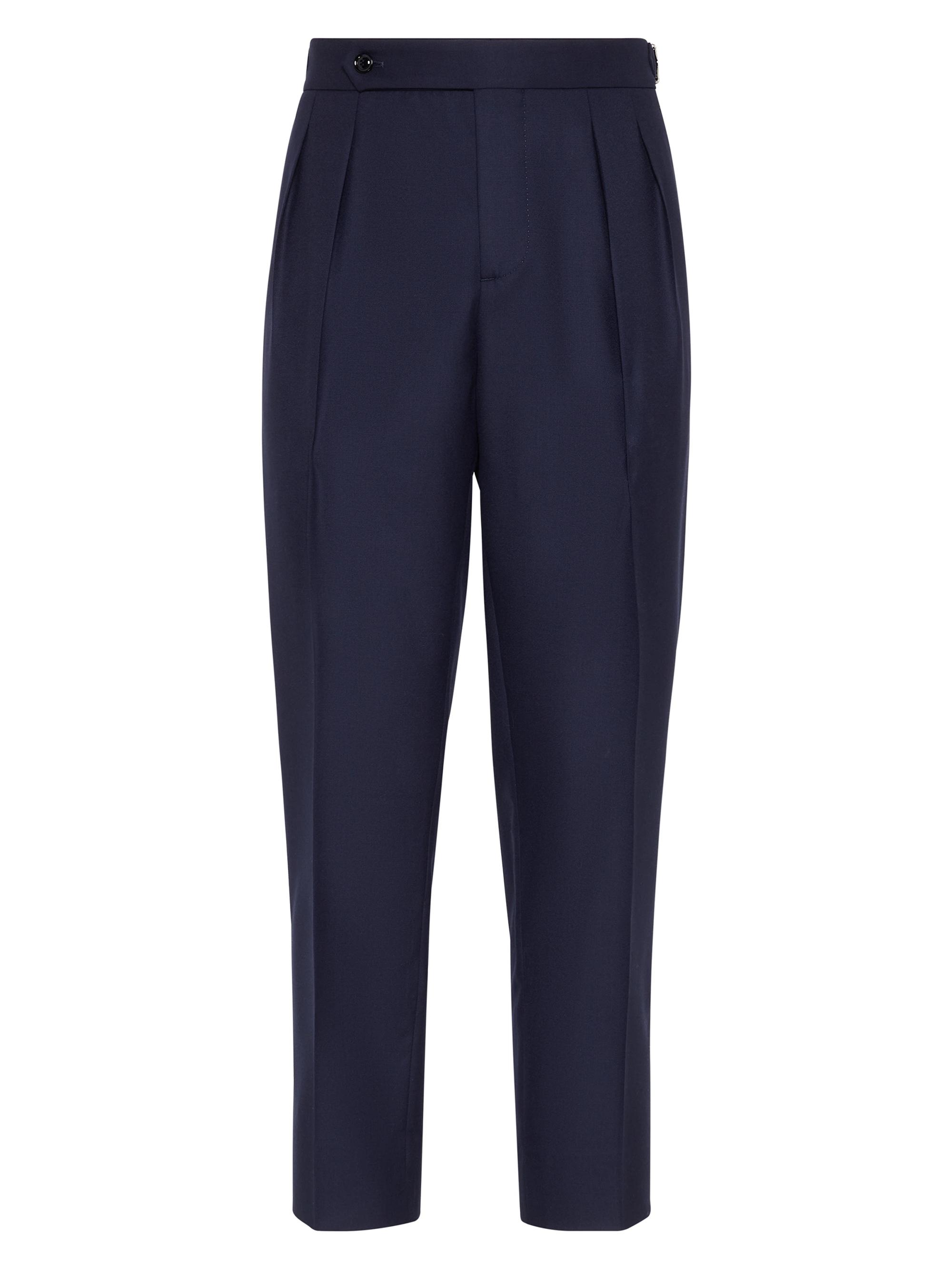 Brunello Cucinelli Men's Cashmere Tuxedo Trousers with Double Pleats - Blue