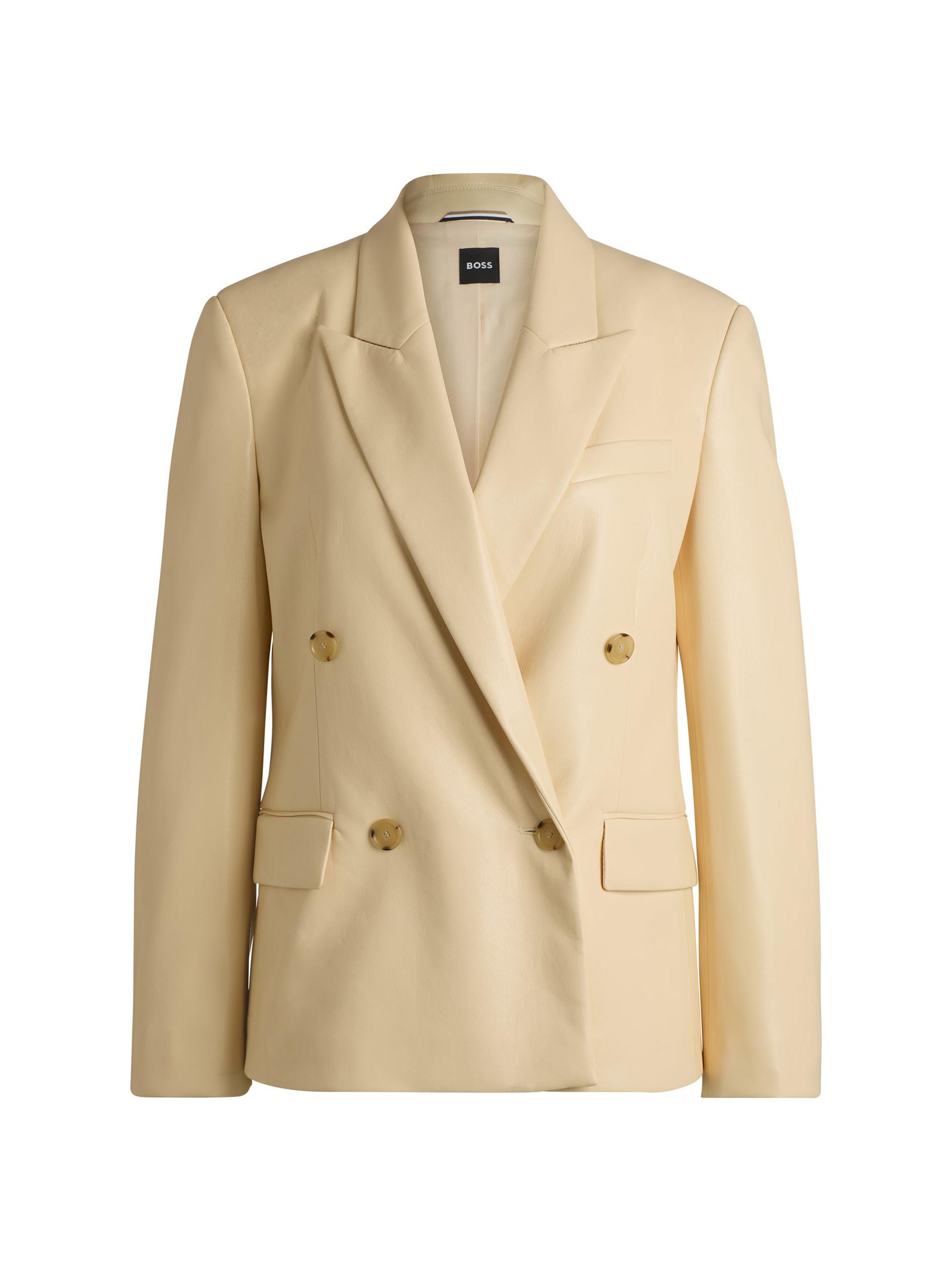 BOSS Women's Regular-Fit Double-Breasted Blazer in Faux Leather - Beige