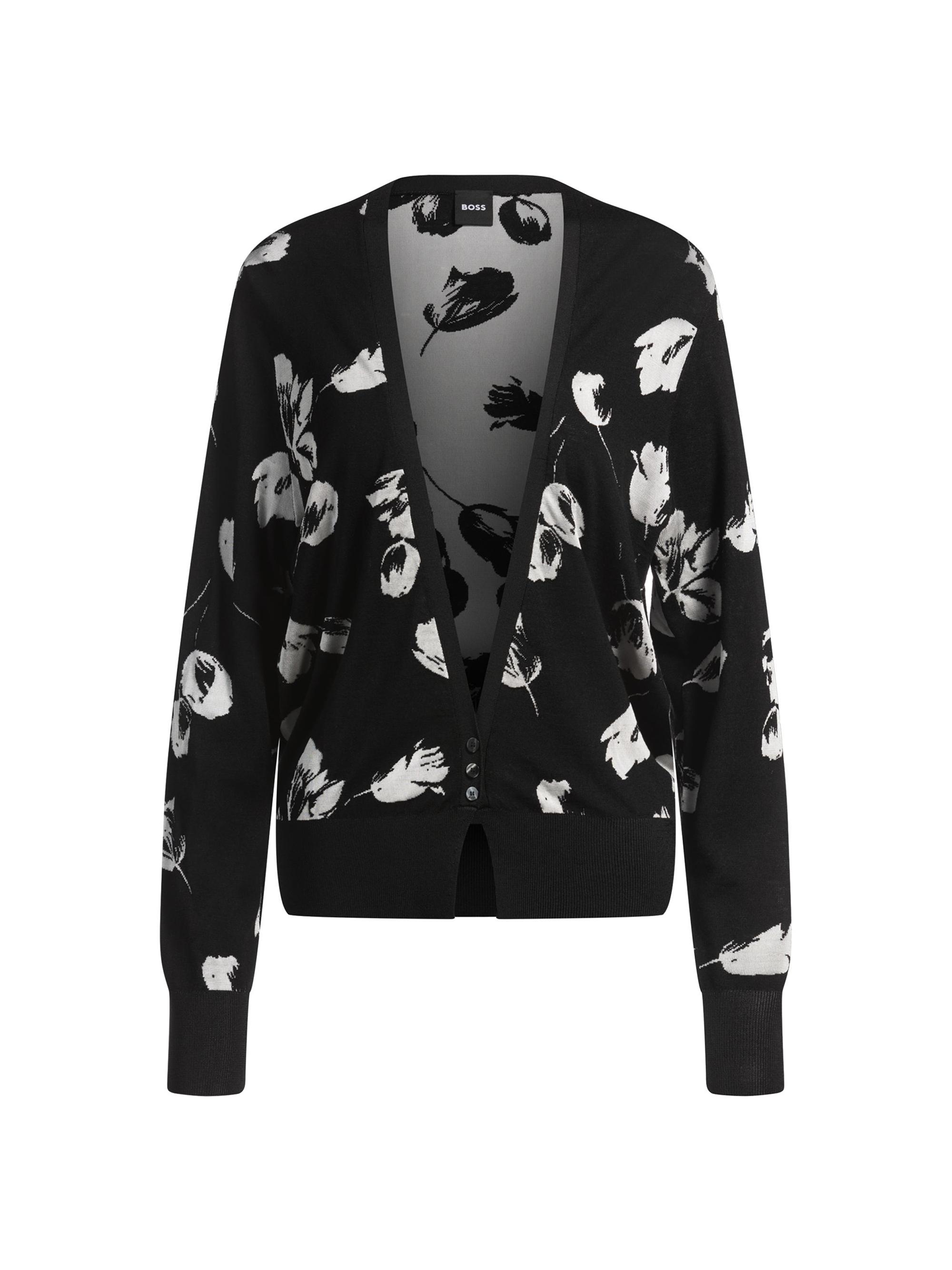 BOSS Women's Merino Wool-Blend Cardigan with Tulip Jacquard - Black White