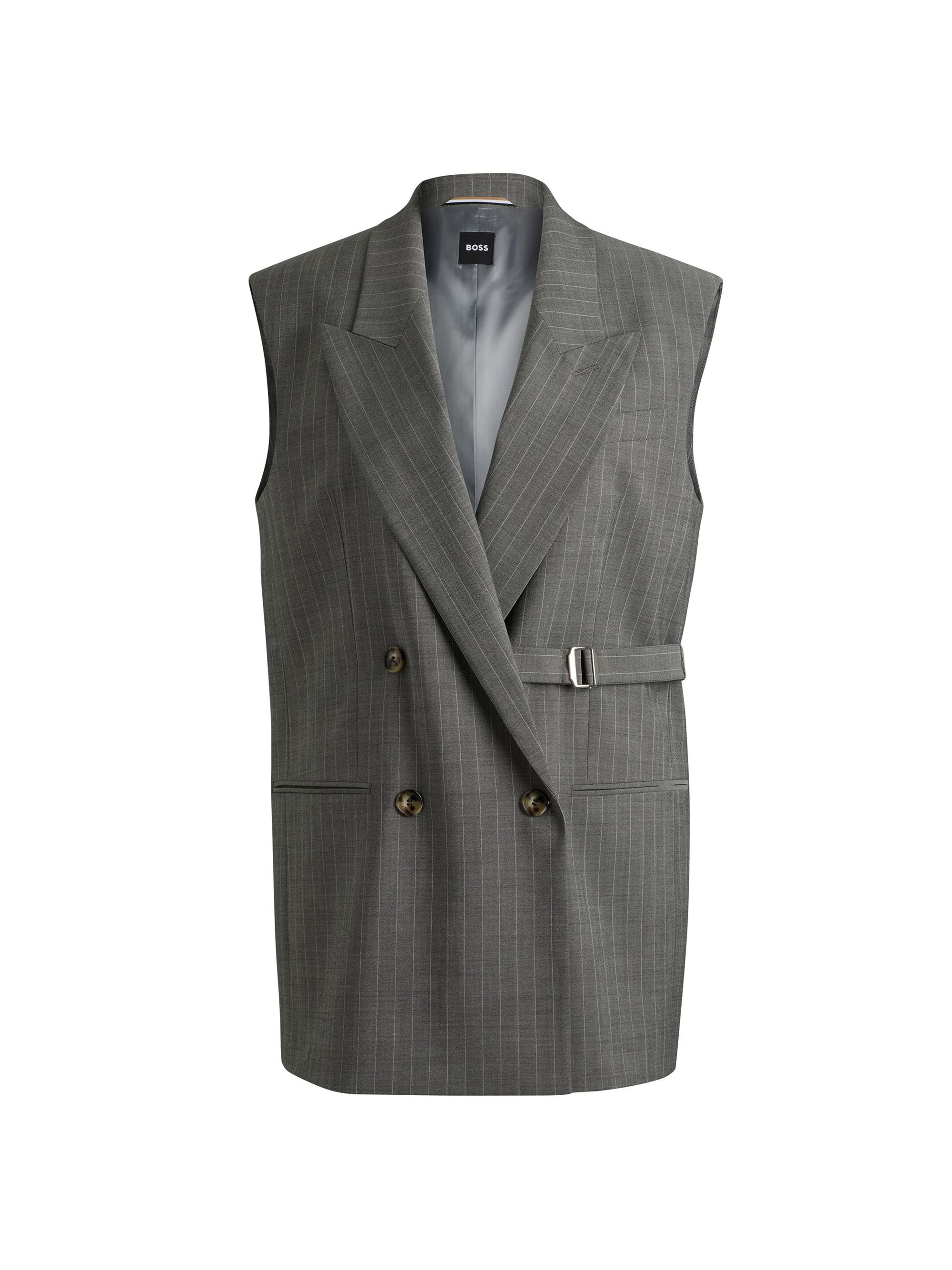 BOSS Women's Longline Double-Breasted Waistcoat in Striped Wool - Grey