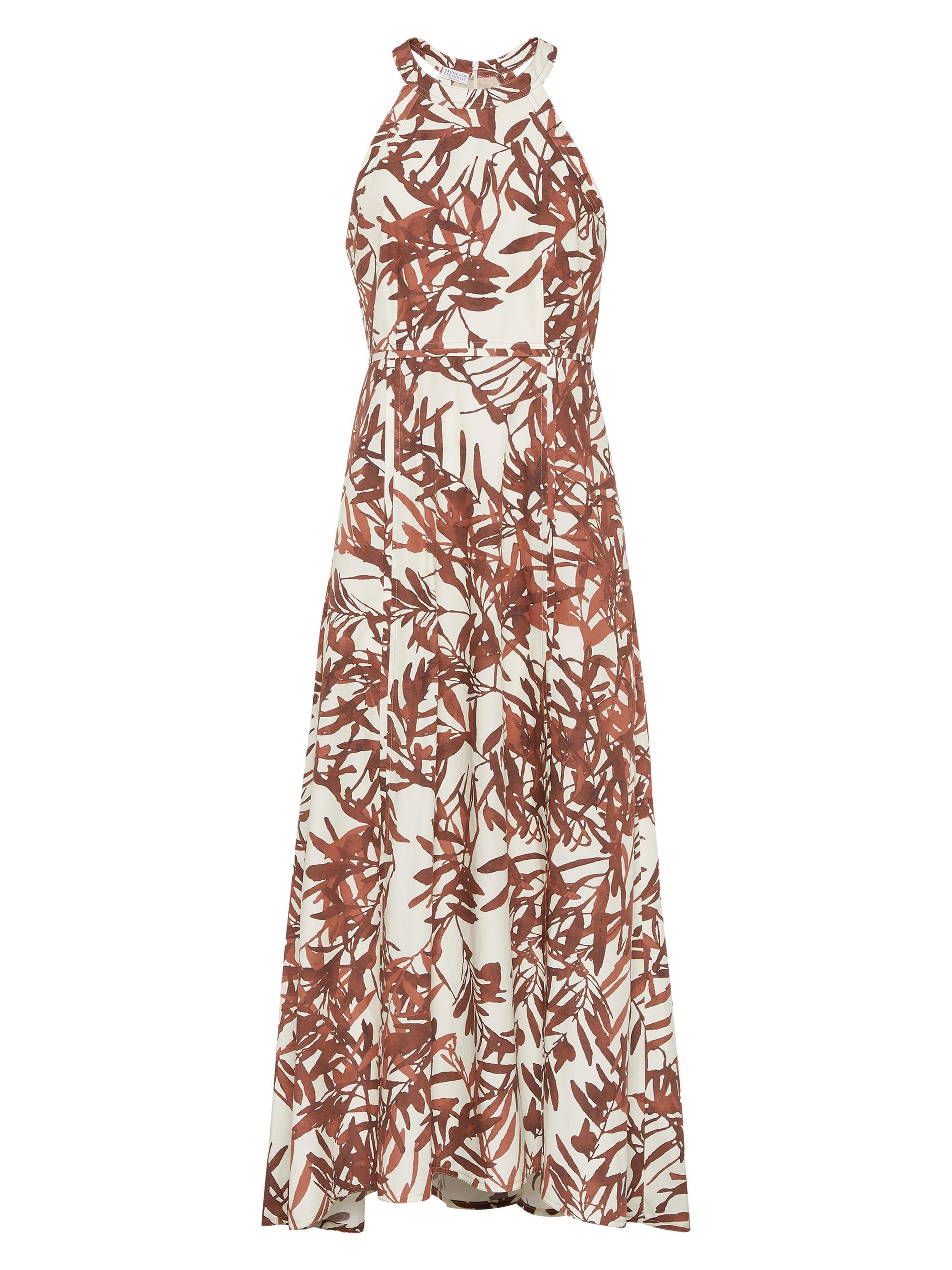 Brunello Cucinelli Women's Cotton Herbarium Print Poplin Halterneck Dress with Monili - Red Multicolor