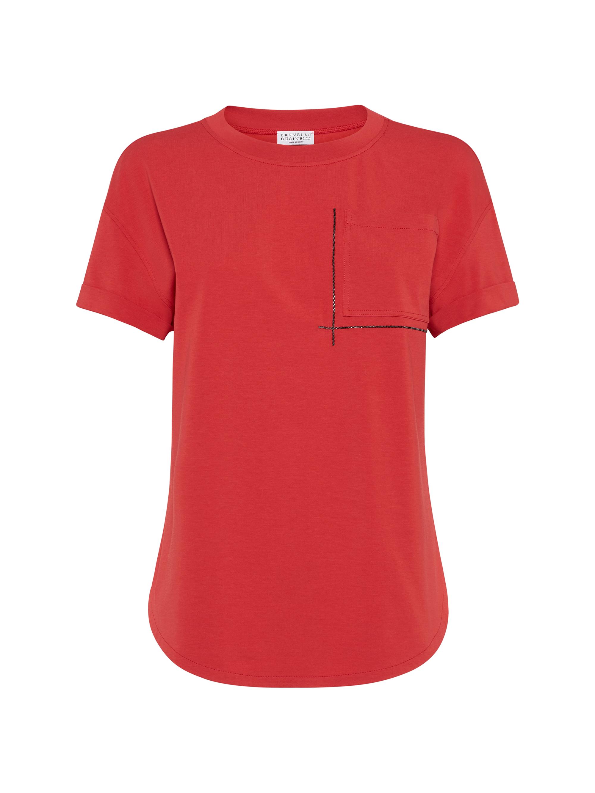 Brunello Cucinelli Women's Cotton Jersey T-Shirt with Shiny Pocket Detail - Red