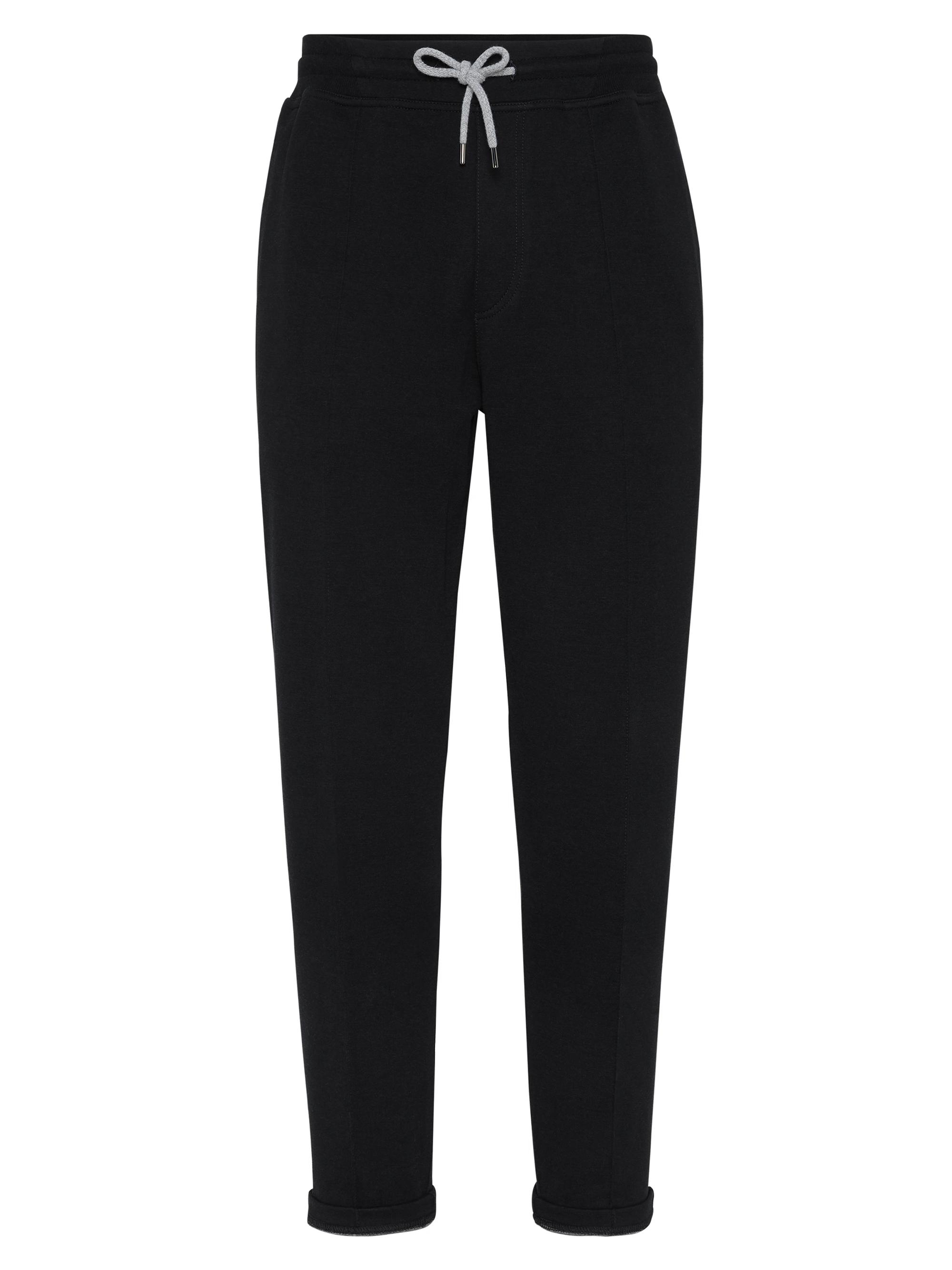 Brunello Cucinelli Men's French Terry Double Cloth Trousers with Crête Detail - Black