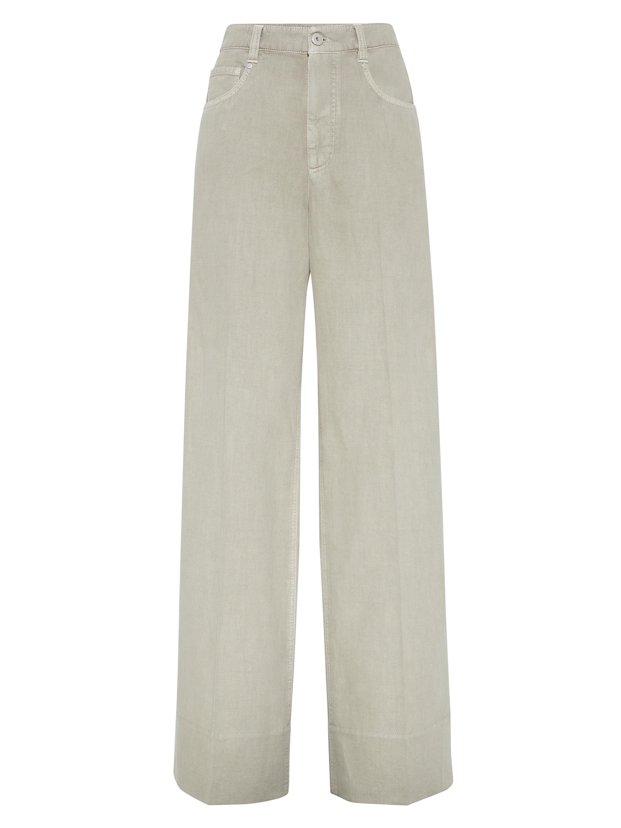 Brunello Cucinelli Women's Garment Dyed Cotton and Linen Cover Loose Trousers with Monili - Khaki