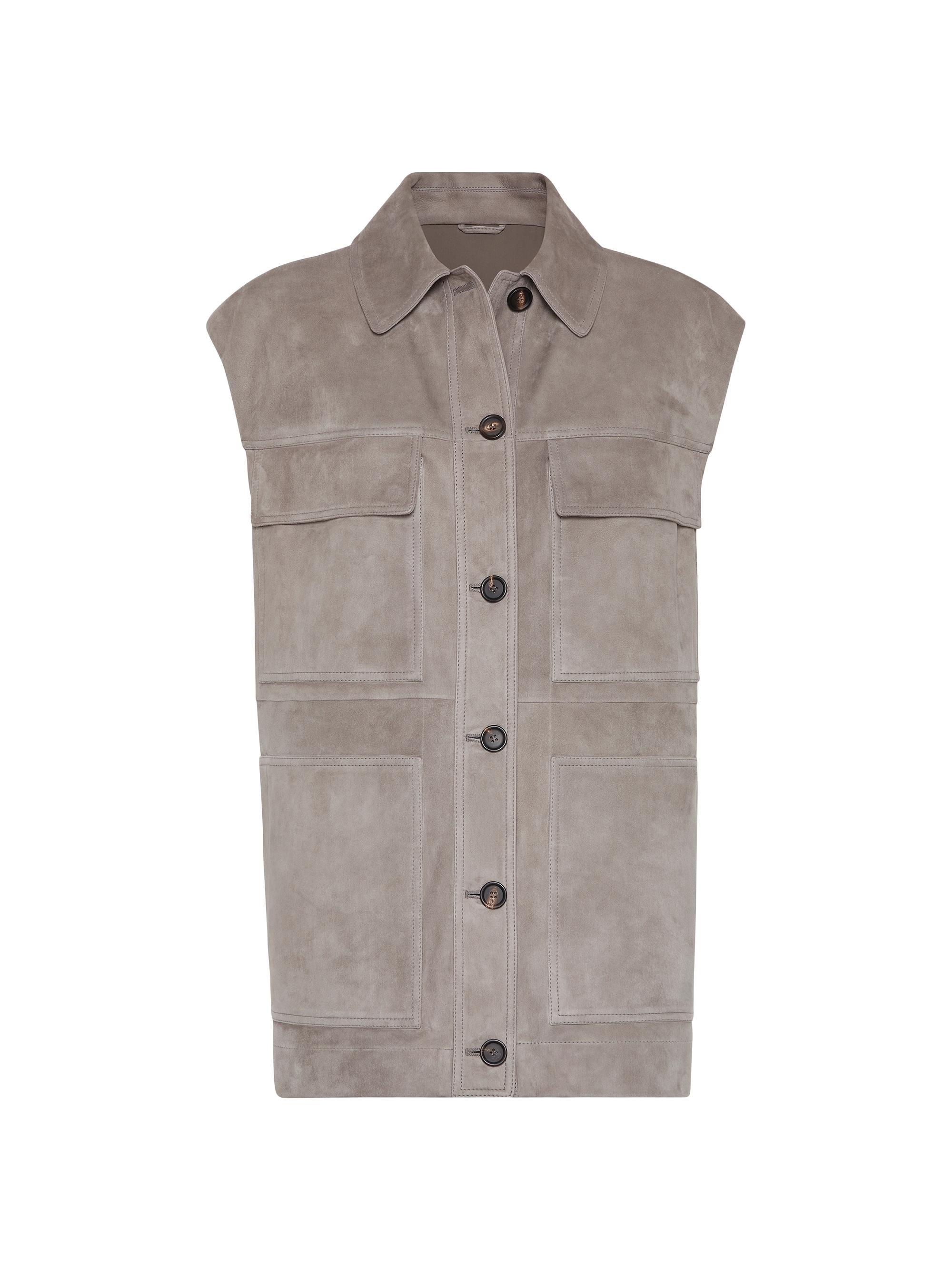 Brunello Cucinelli Women's Couture Suede Four Pocket Vest with Monili - Taupe