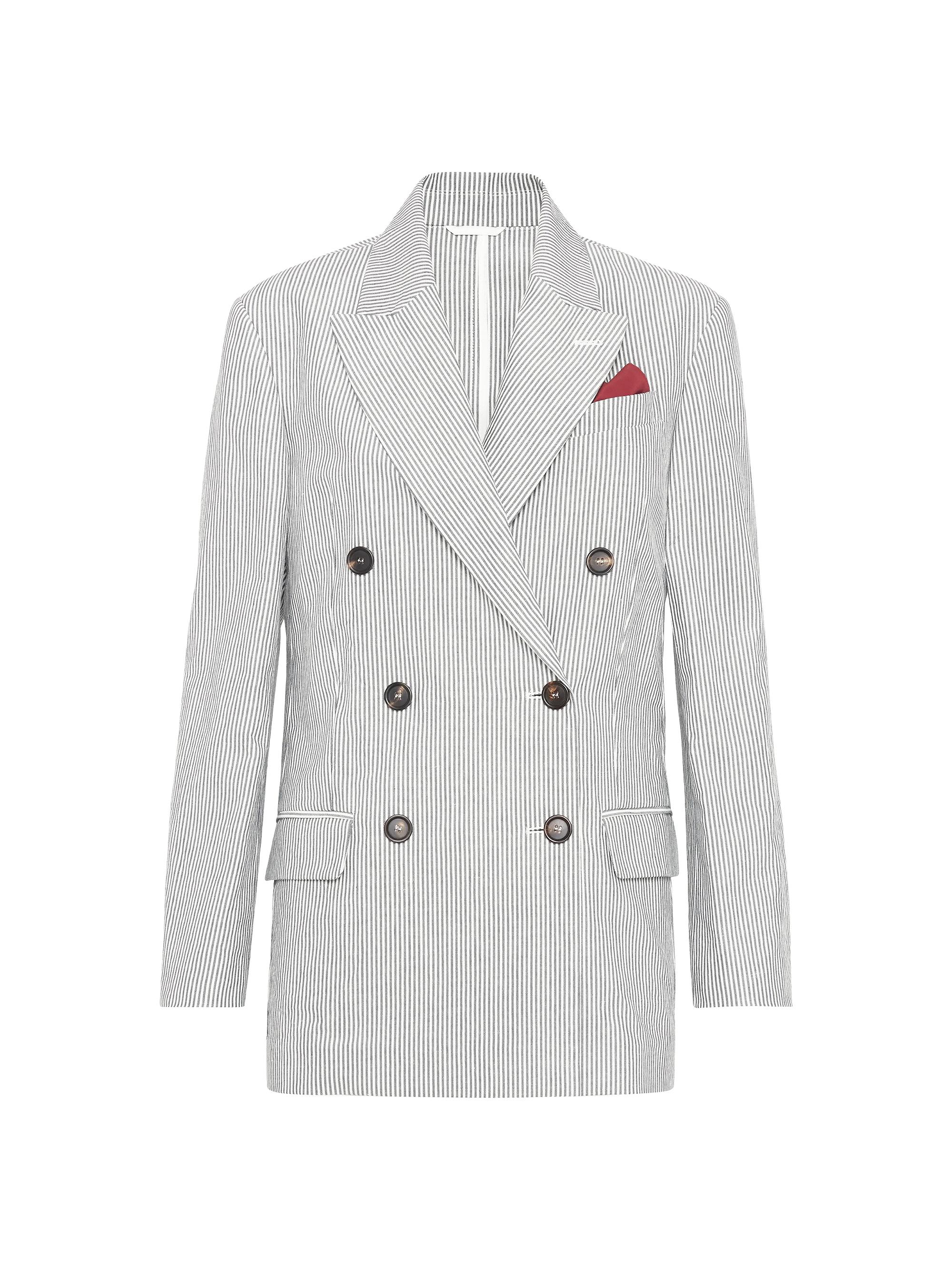 Brunello Cucinelli Women's Striped Cotton and Linen Twill Blazer with Monili - Light Grey