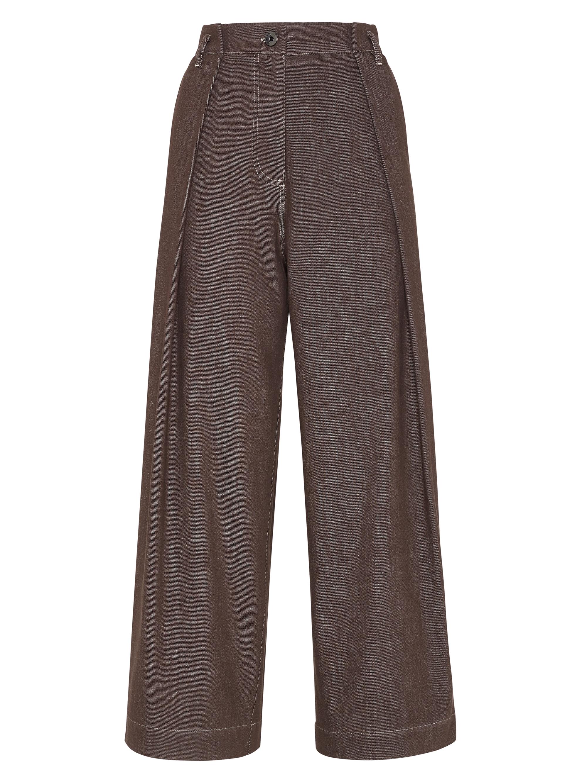 Brunello Cucinelli Women's Denim Effect Twill Pleated A Line Trousers with Shiny Loop - Chocolate