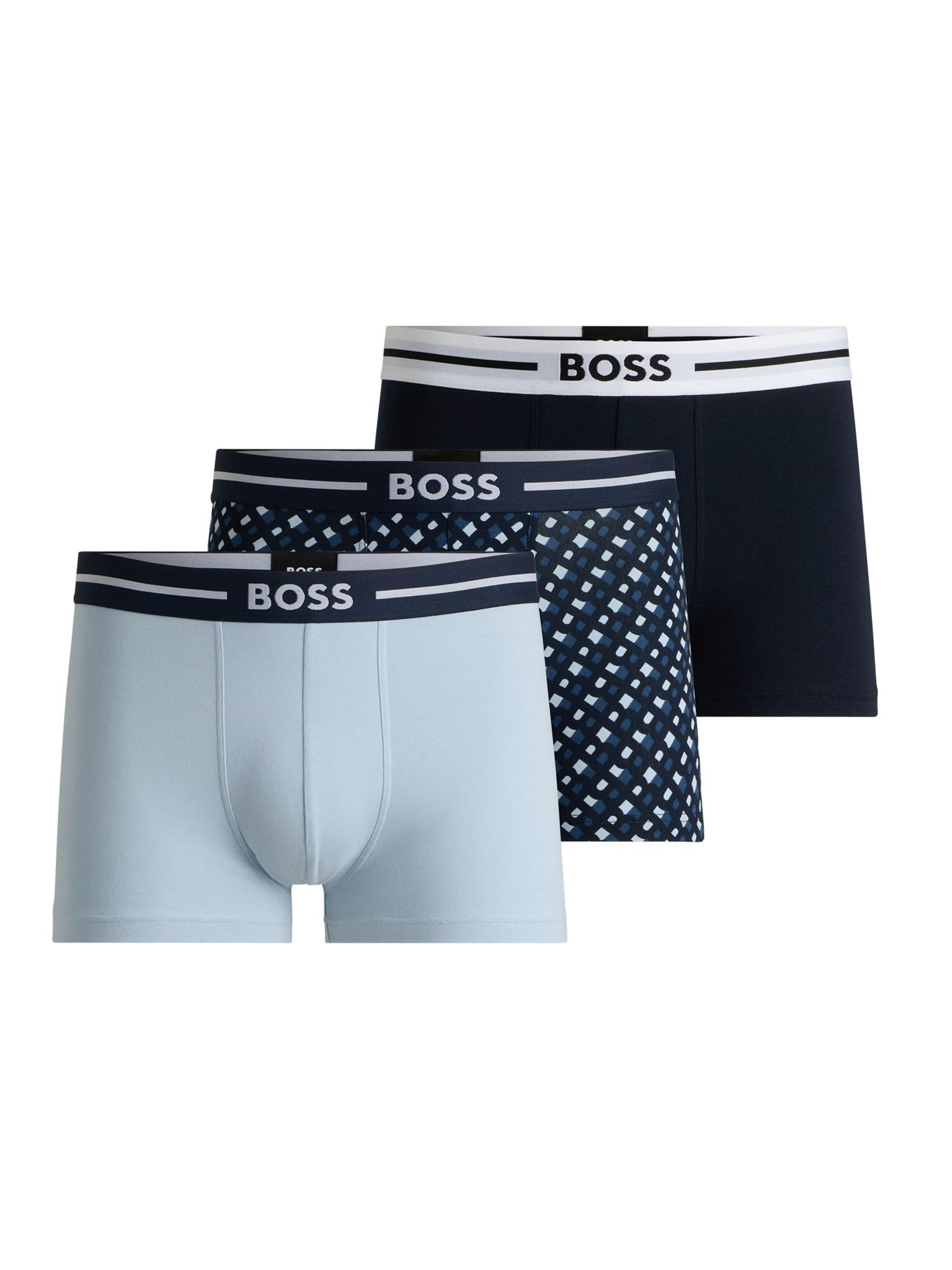 BOSS Men's Three-Pack of Stretch-Cotton Plain and Monogrammed Trunks - Patterned Blue