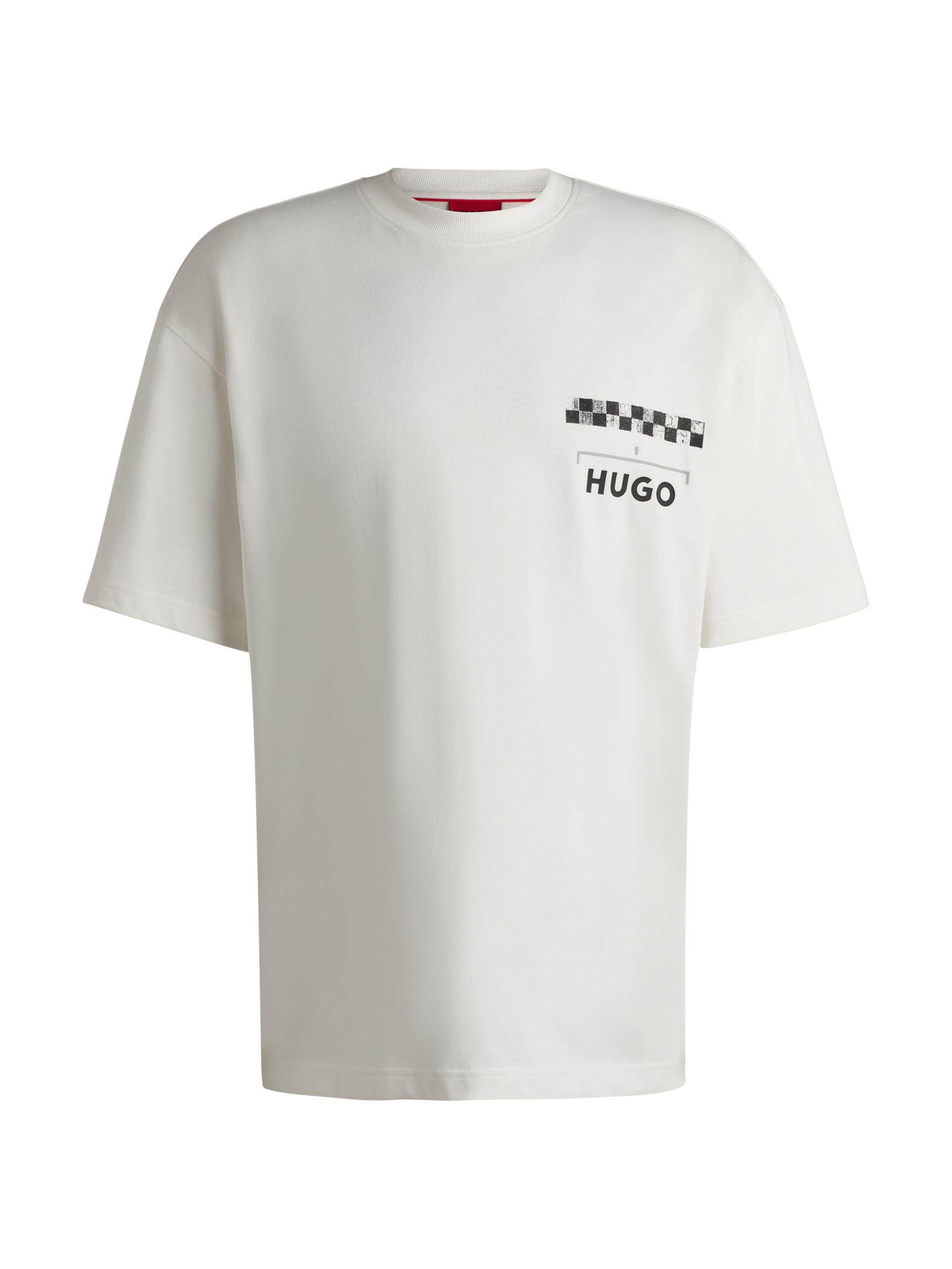 HUGO Men's Cotton-Jersey T-Shirt with Racing Prints - Natural