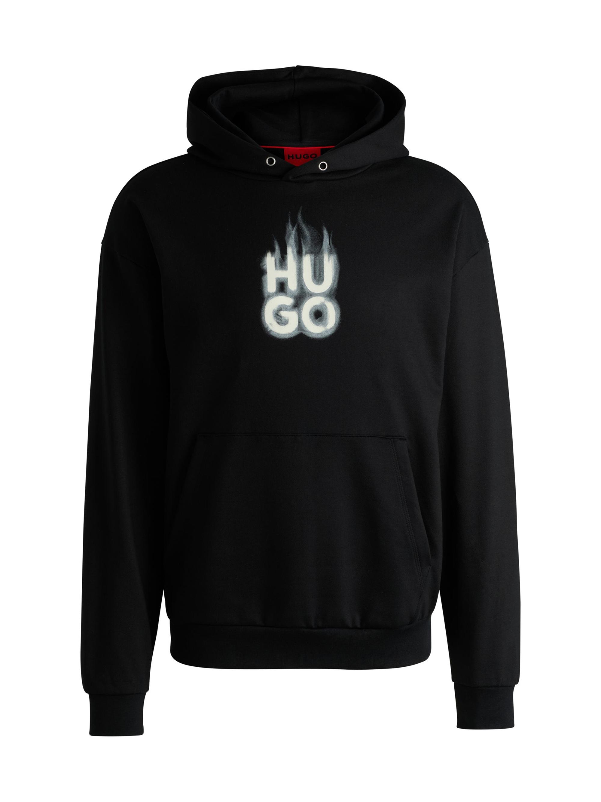 HUGO Men's Cotton-Terry Hoodie with Stacked Smoke Logo Print - Black