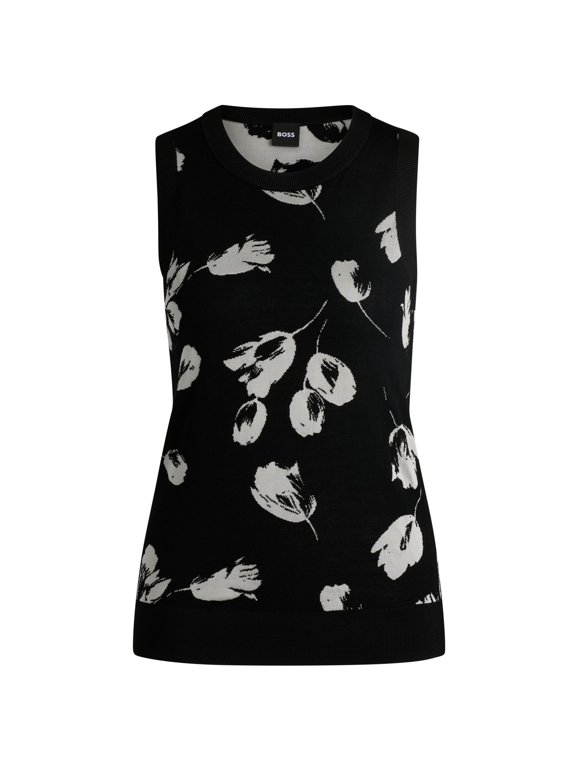 BOSS Women's Merino Wool Knitted Top with Tulip Jacquard - Black