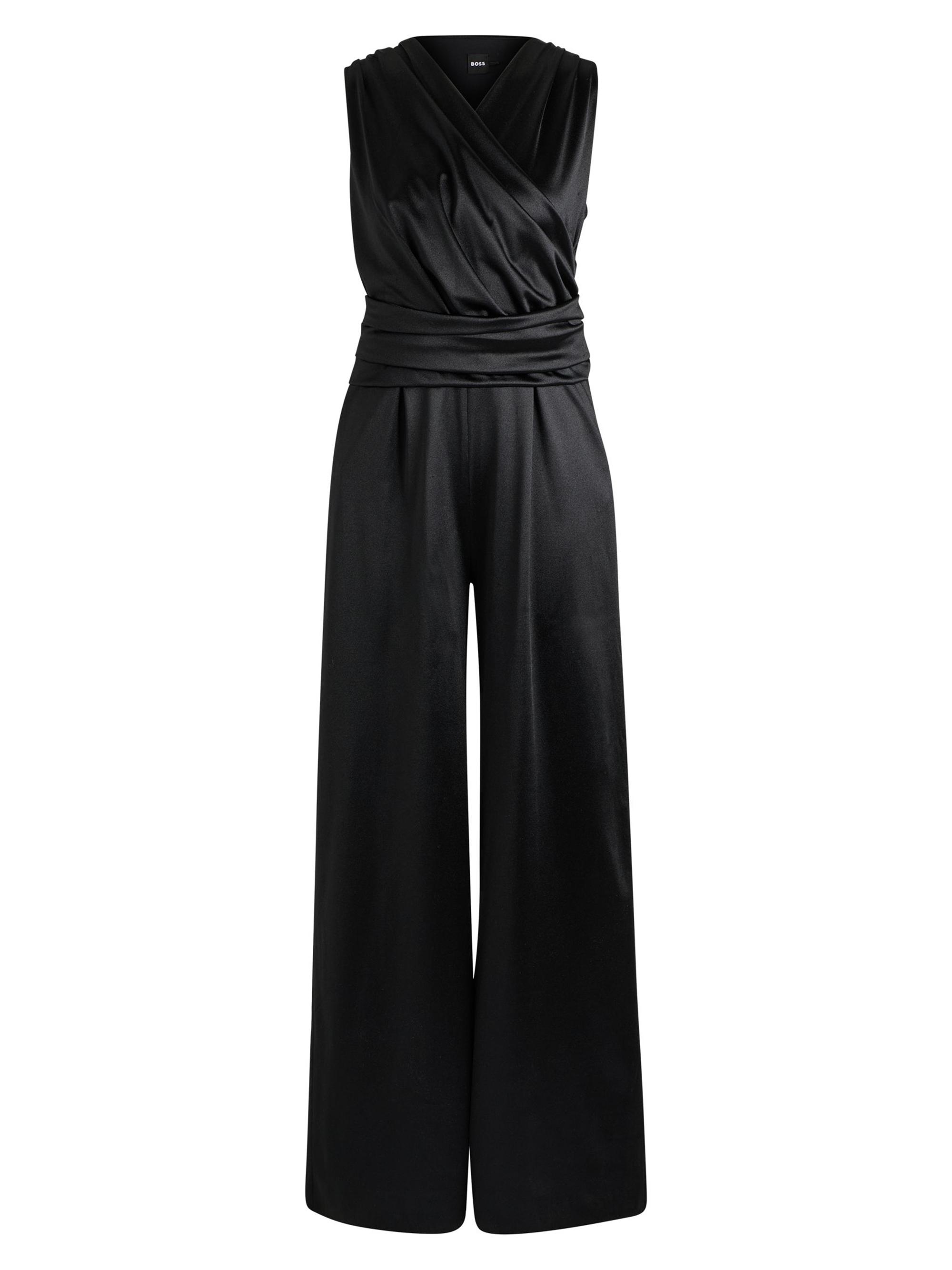 BOSS Women's Sleeveless Jumpsuit in Lustrous Jersey with Wrap Front - Black