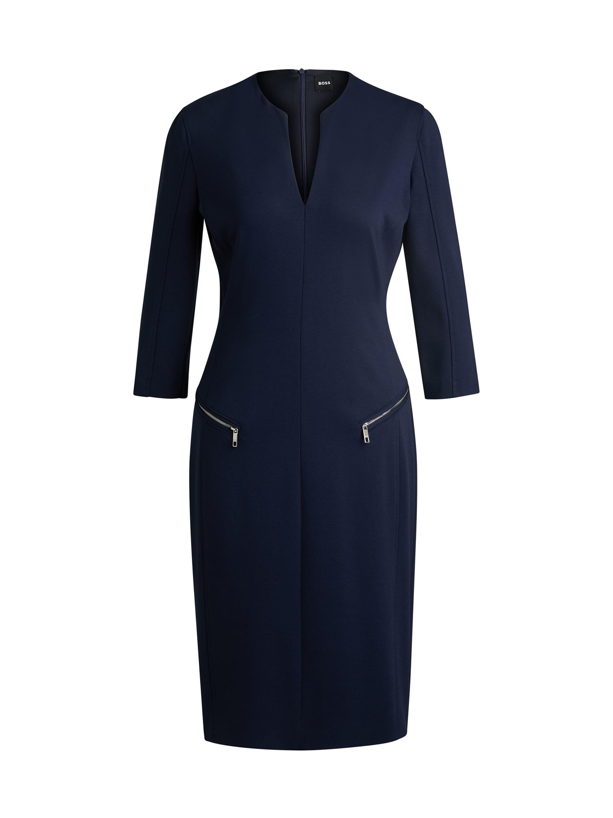 BOSS Women's V-Neck Dress with Zipped Pockets and Cropped Sleeves - Blue