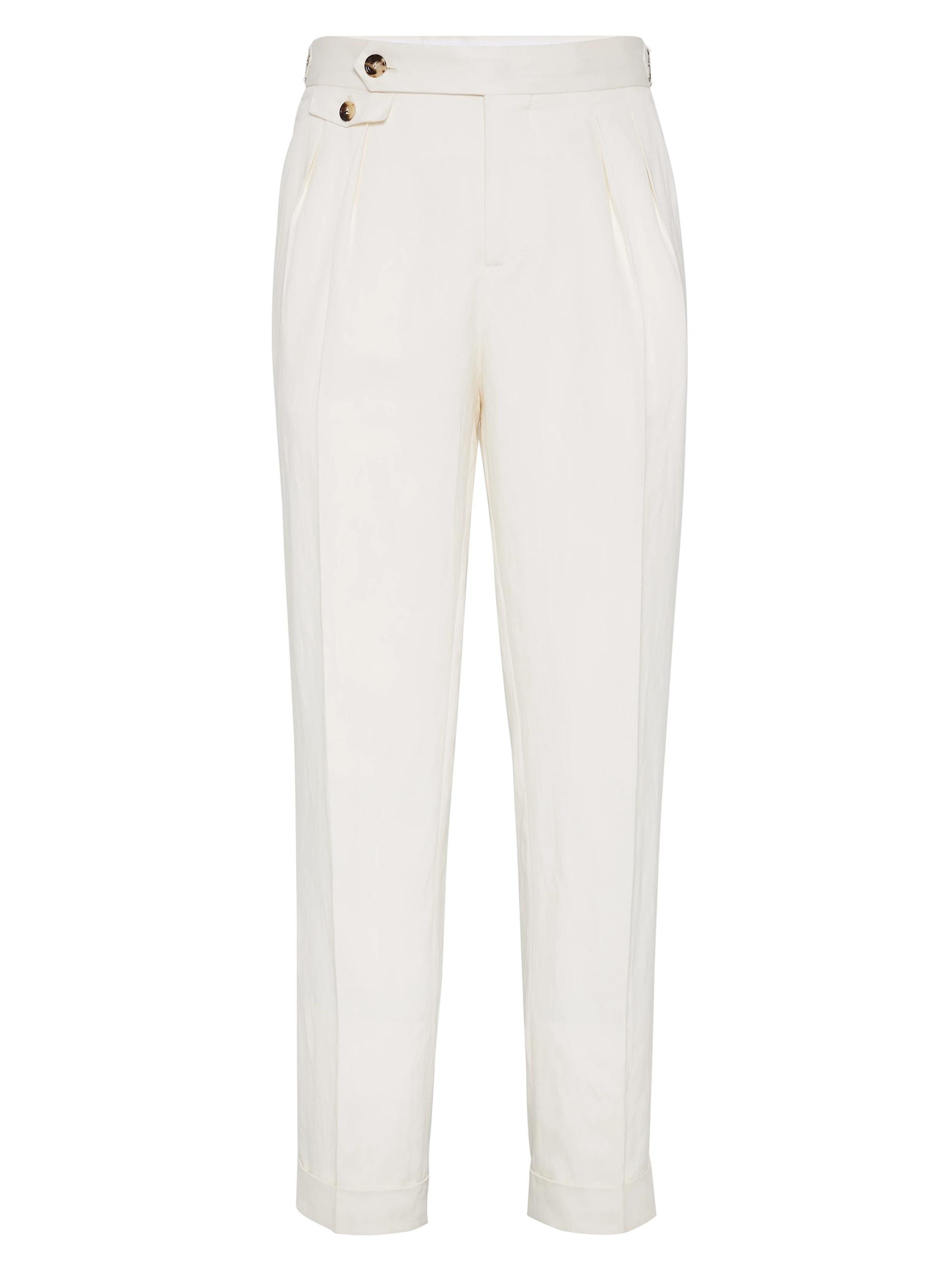Brunello Cucinelli Men's Leisure Fit Trousers with Double Pleats and Waist Tabs - Off White