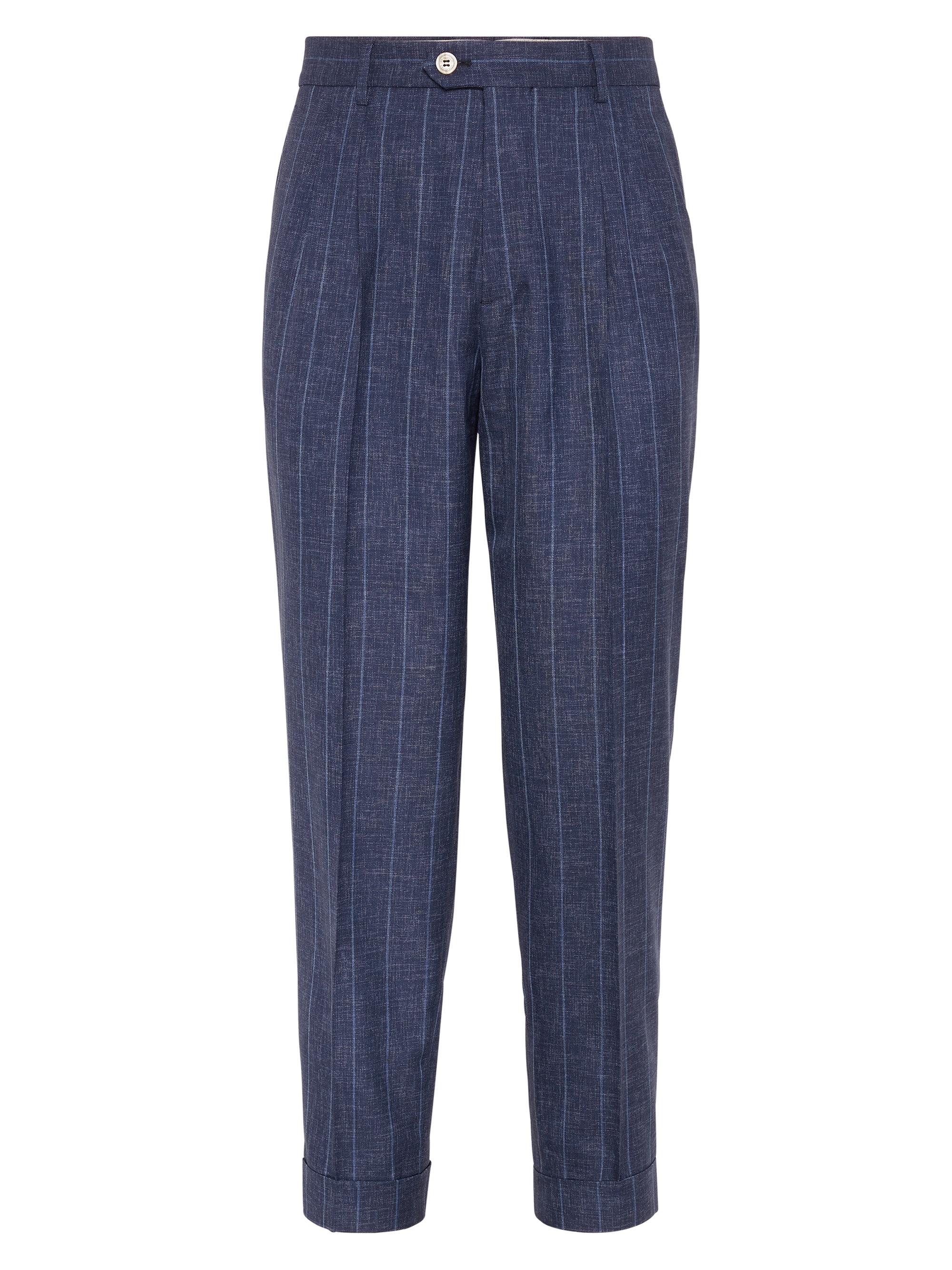 Brunello Cucinelli Men's Fresco Leisure Fit Trousers with Double Pleats - Navy Blue