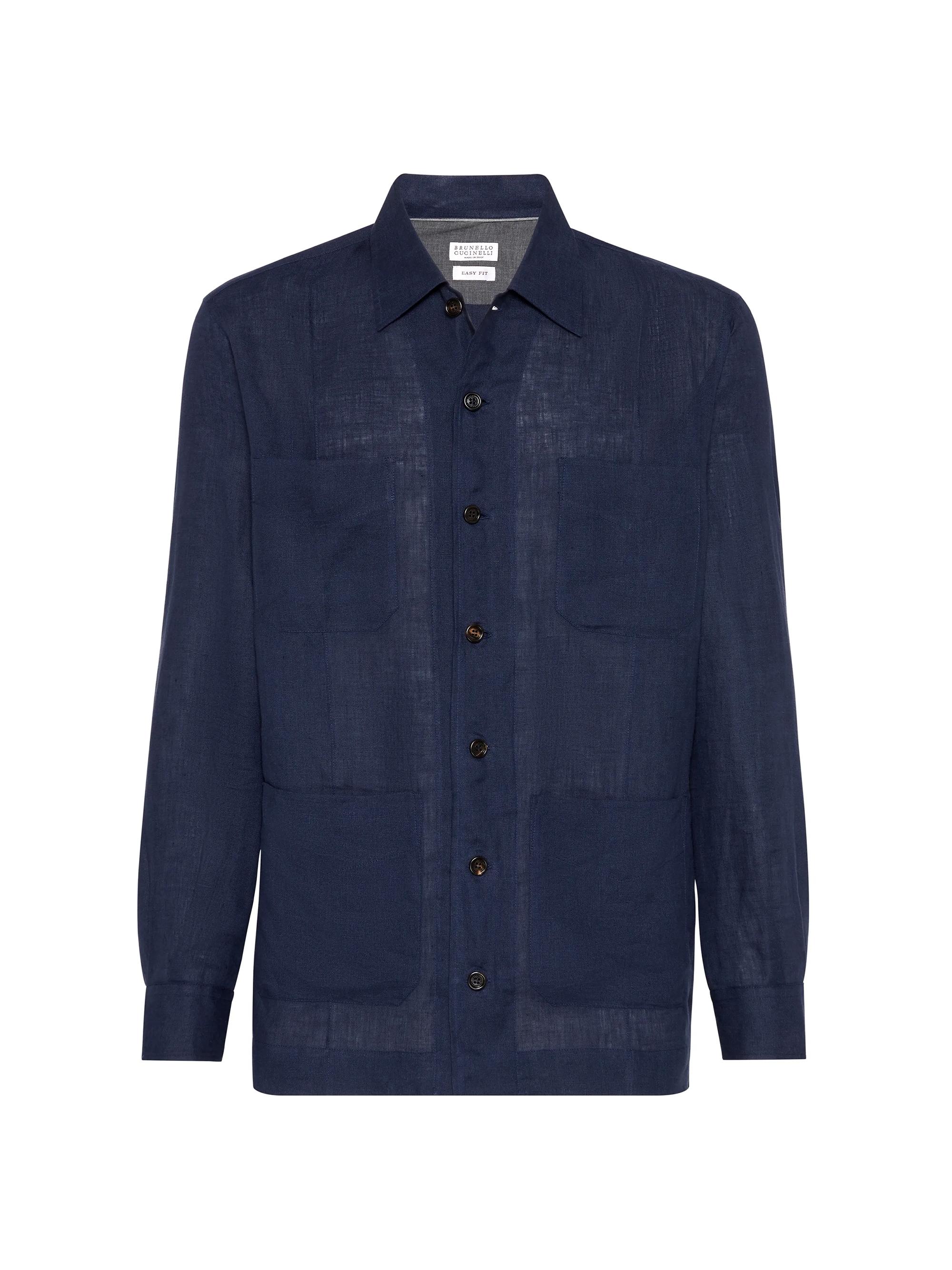 Brunello Cucinelli Men's Linen Easy Fit Guayabera Shirt - Navy Blue