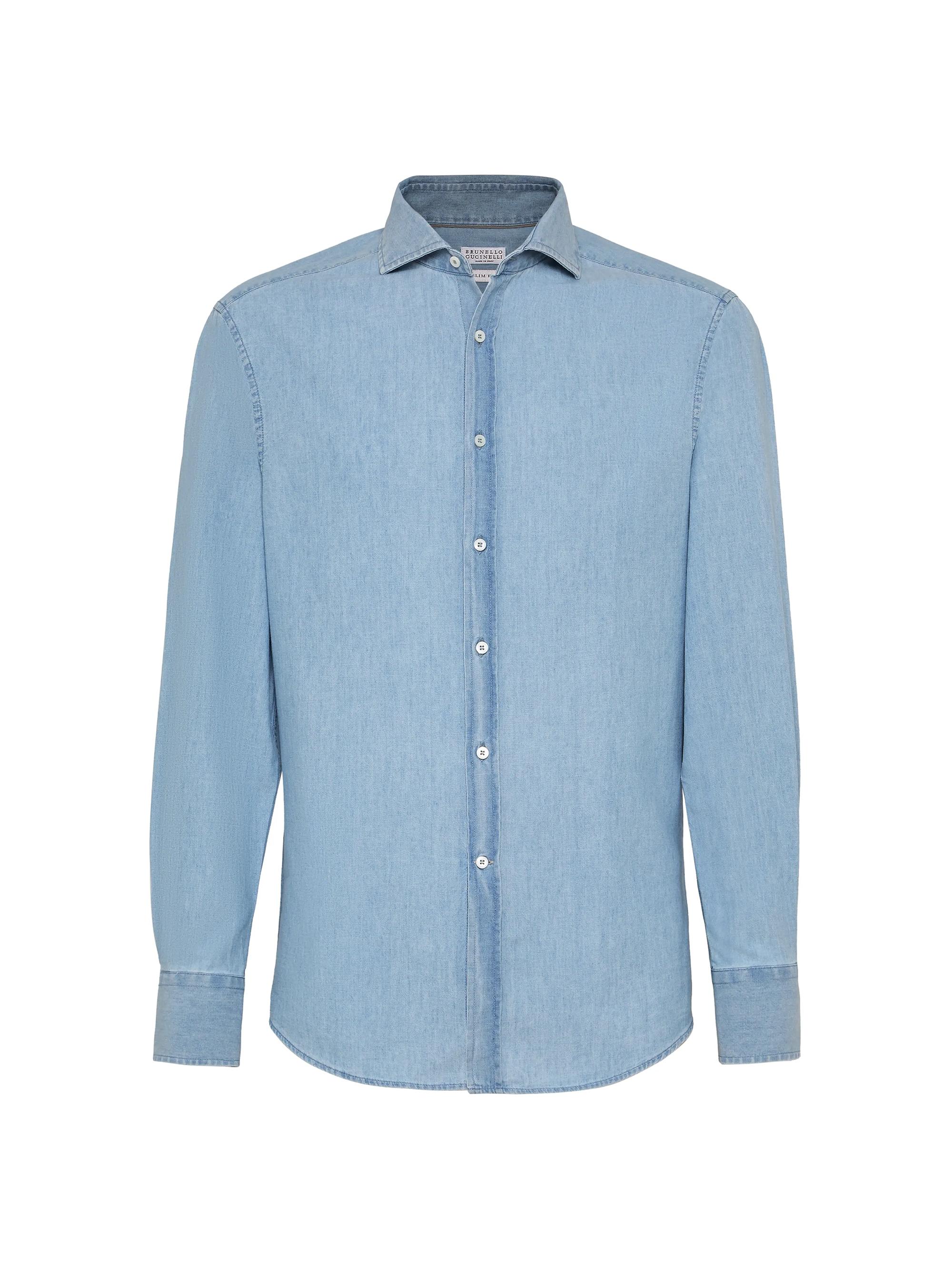 Brunello Cucinelli Men's Denim Effect Chambray Slim Fit Shirt with Spread Collar - Medium Denim