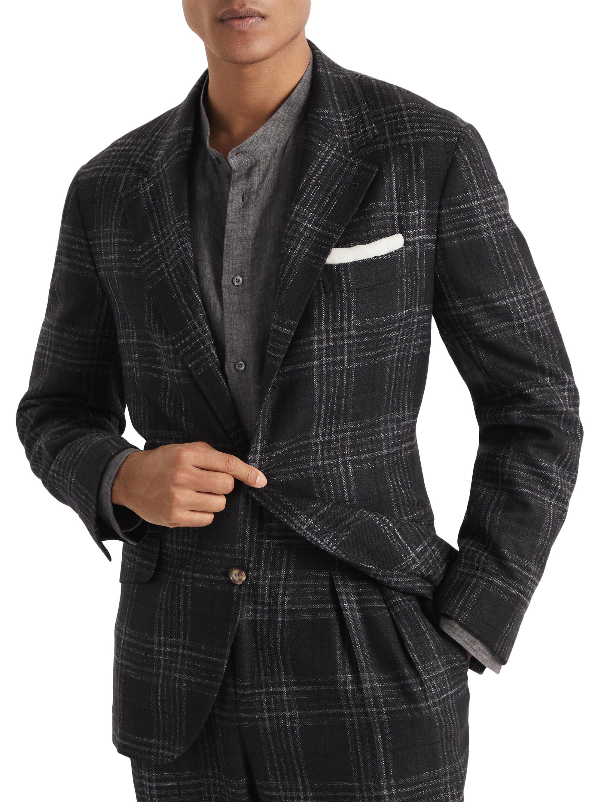 Brunello Cucinelli Men's Wool, Silk and Linen Tartan Deconstructed Cavallo Blazer - Anthracite