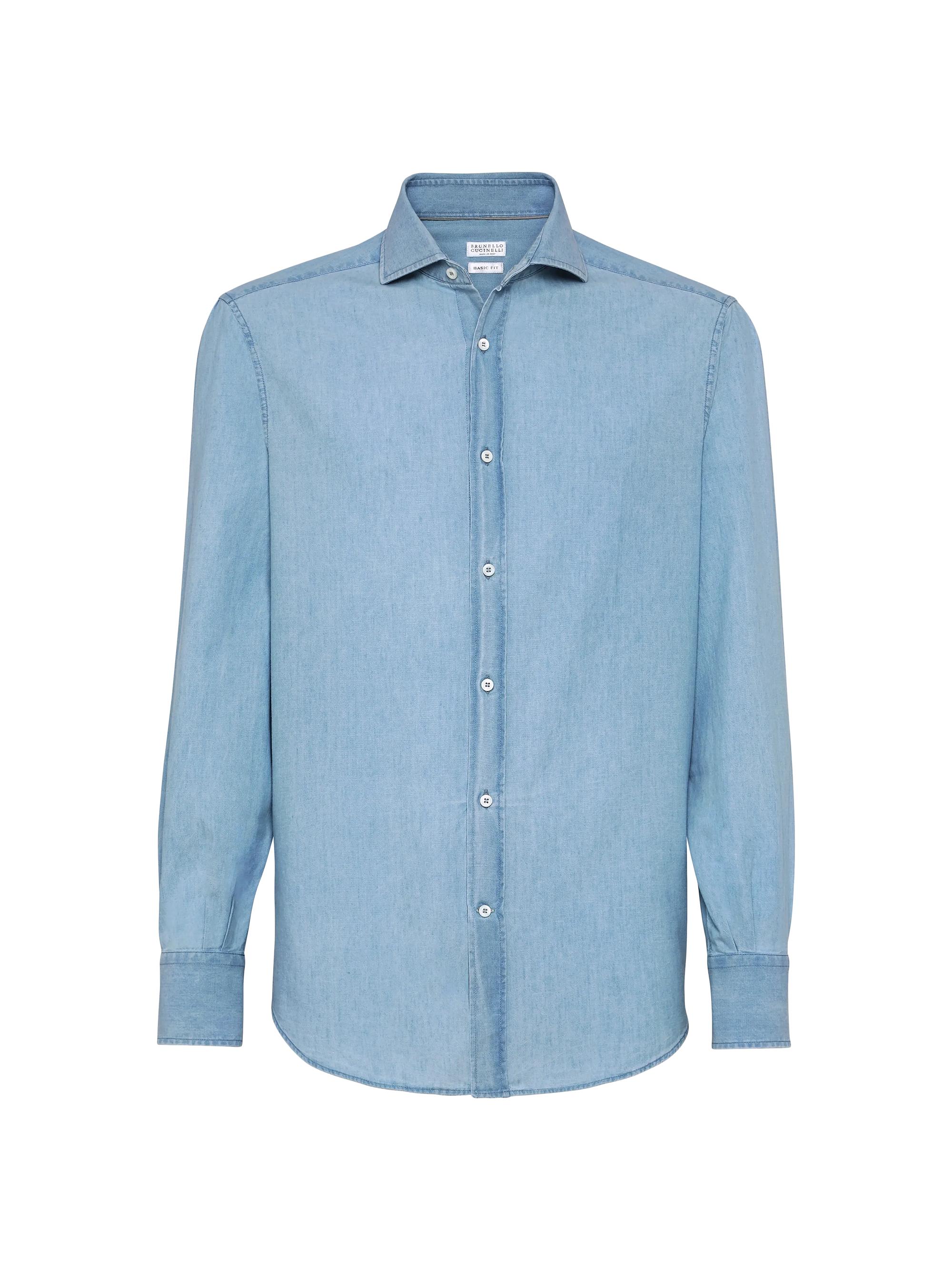 Brunello Cucinelli Men's Denim Effect Chambray Shirt with Spread Collar - Medium Denim