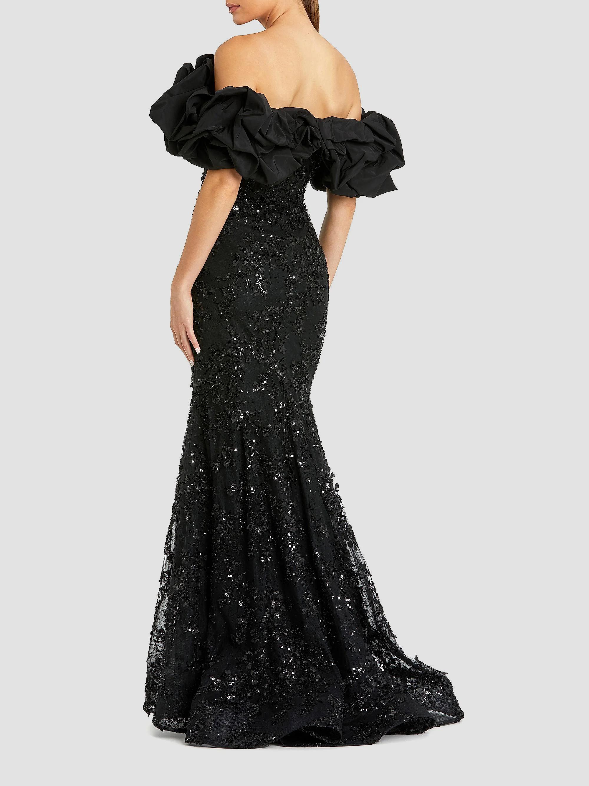 off the shoulder beaded chiffon midi dress mac duggal Women's Applique Mermaid Gown and airy tulle for apparel_type:Tactical Footwear Mother of The Bride Neck:22