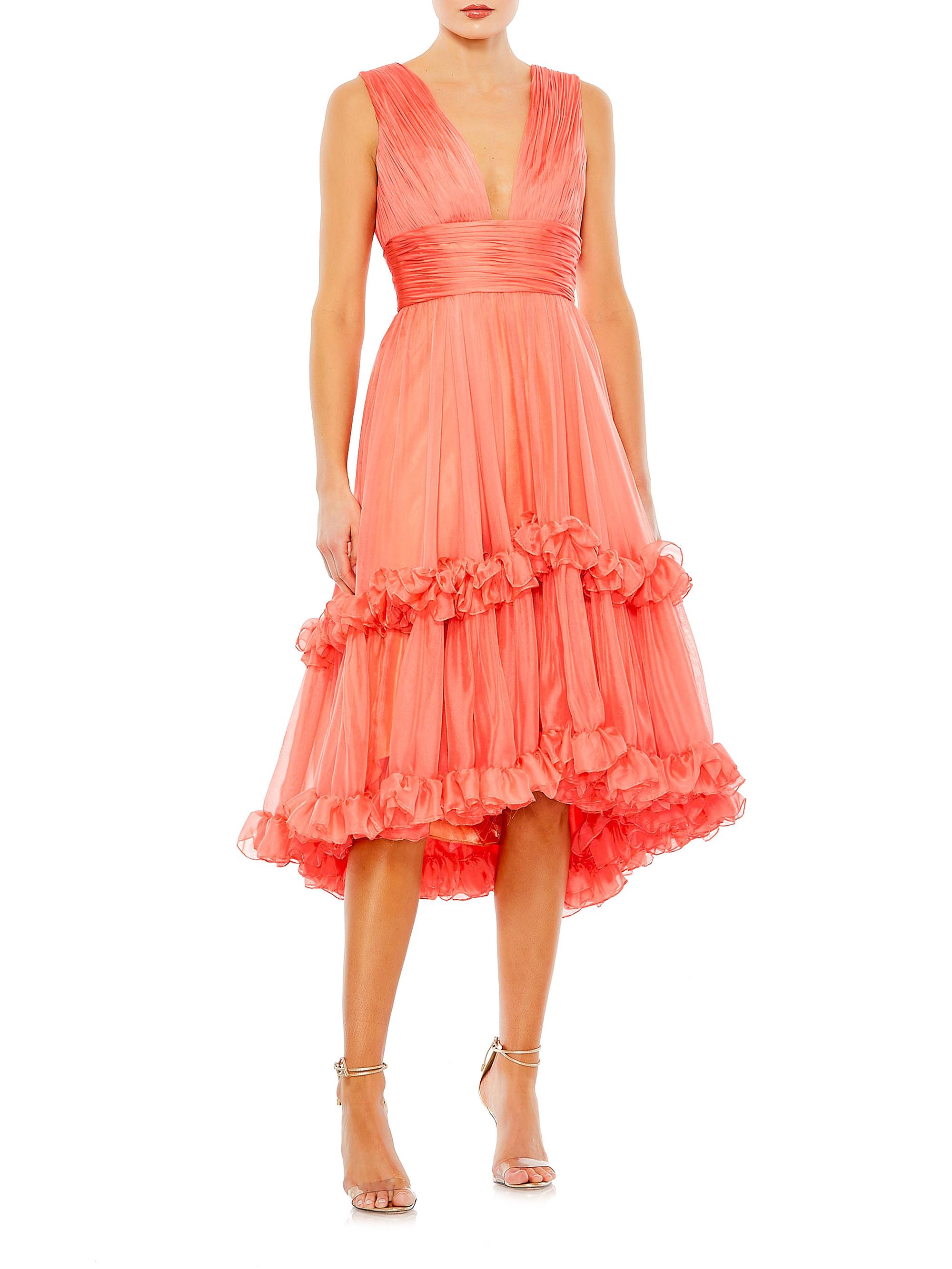 Mac Duggal Women's Ieena V-Neck Tiered Midi-Dress - Coral