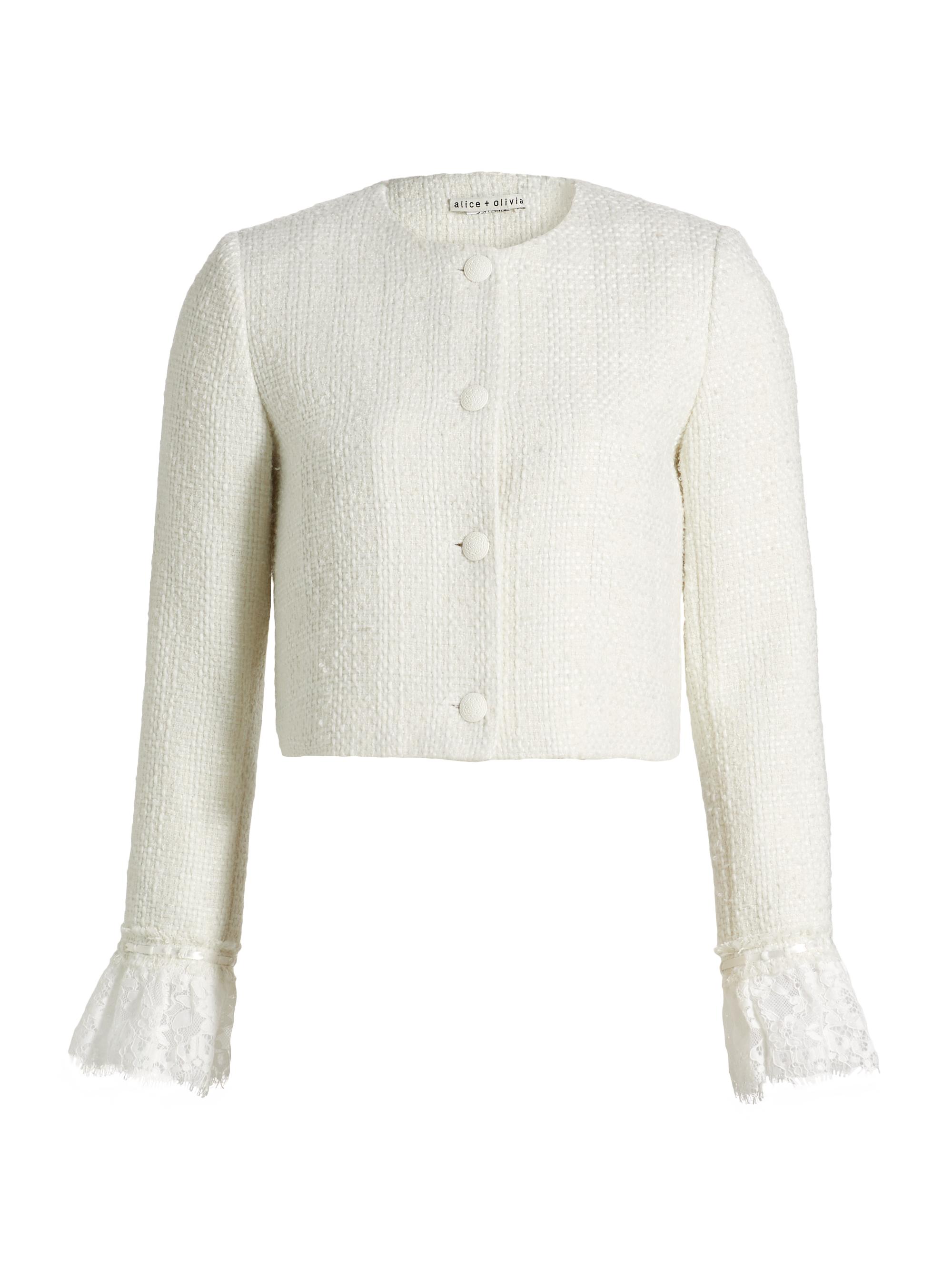 ALICE + OLIVIA Millie Tweed Ruffle-Sleeve Crop Jacket | Saks Fifth