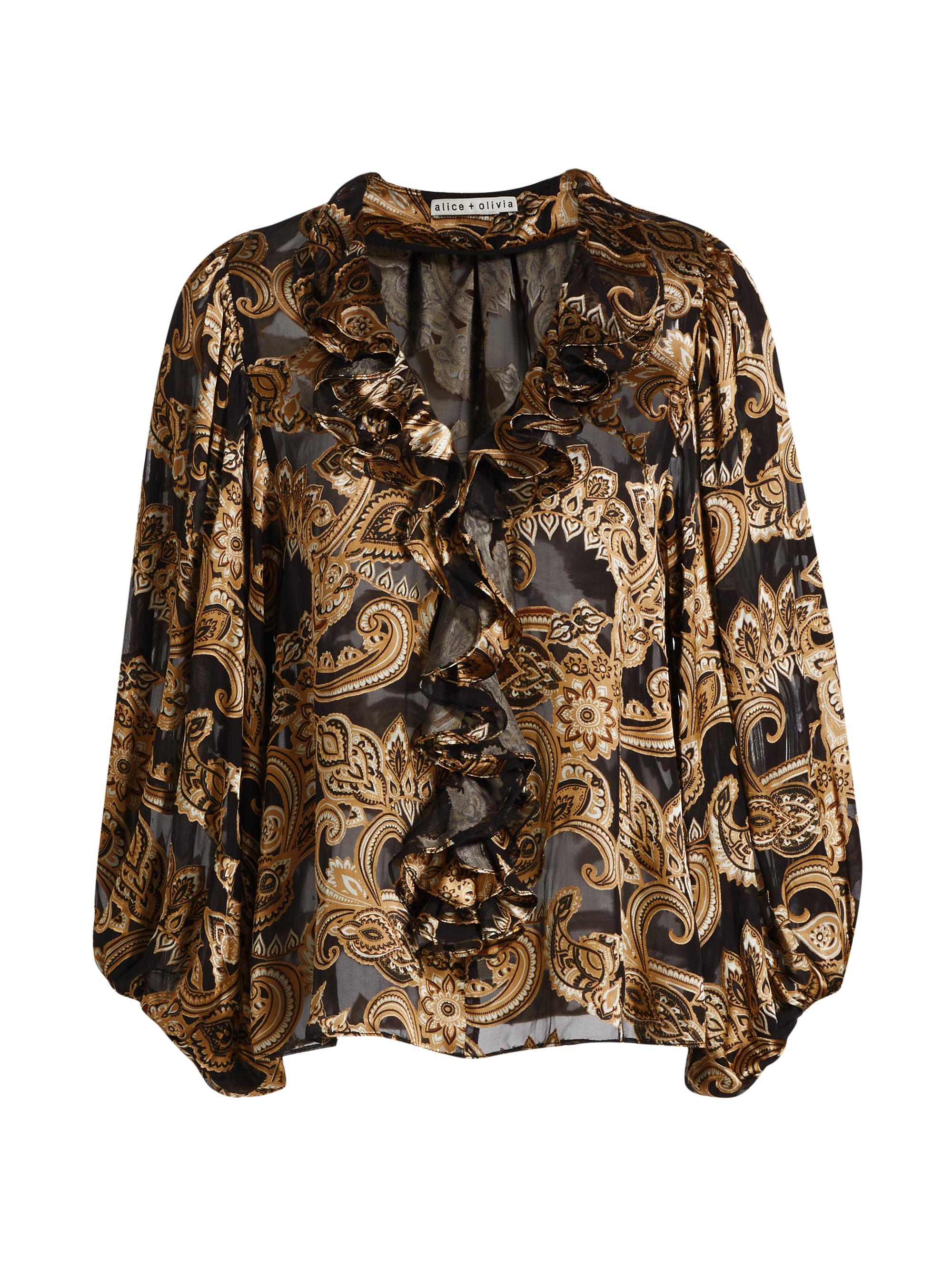 Alice + Olivia Sheila Velvet Embroidered Blouson Sheer Top