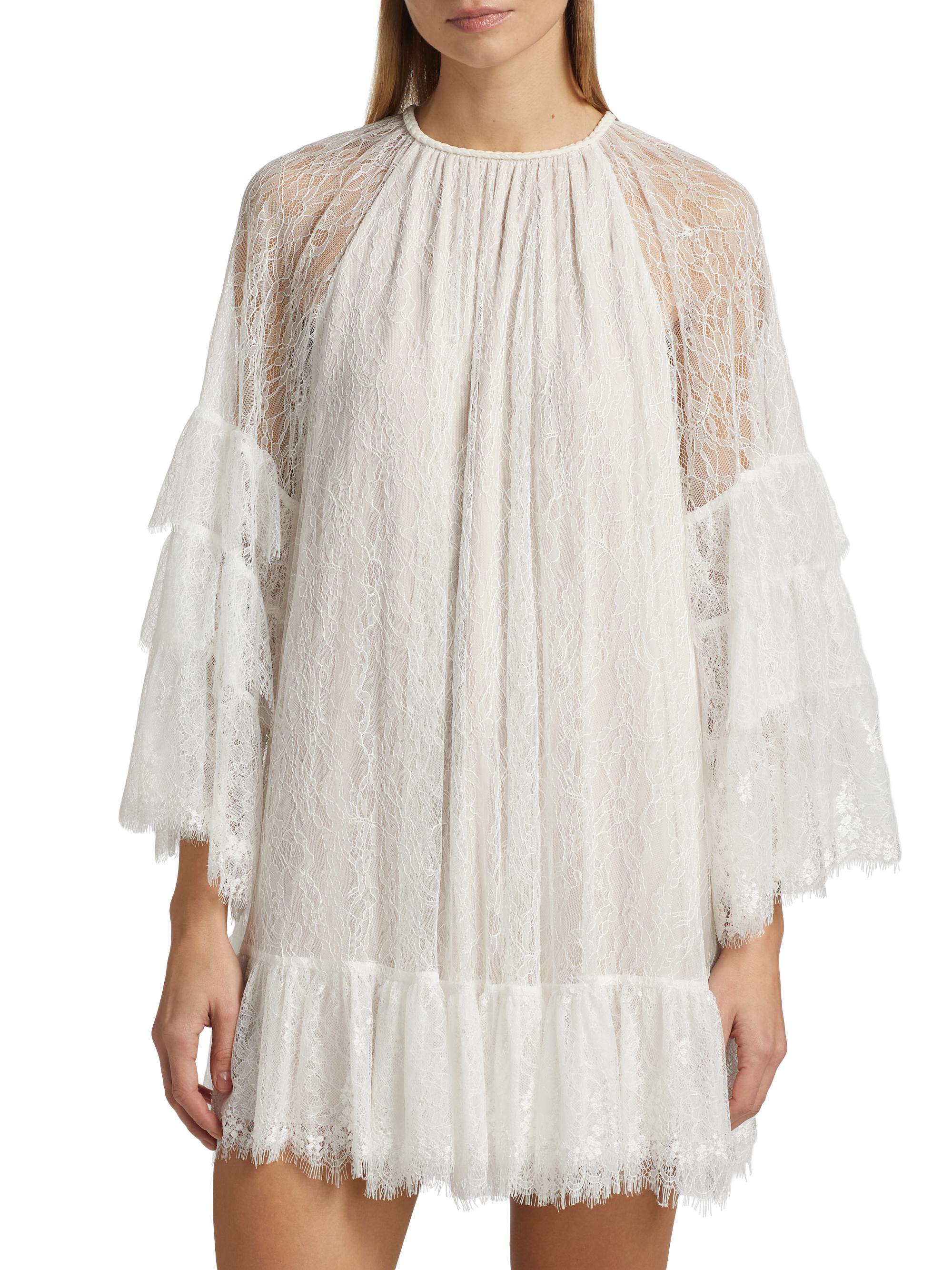 ALICE + OLIVIA Delia Lace Ruffled Tunic Minidress | Saks Fifth Avenue