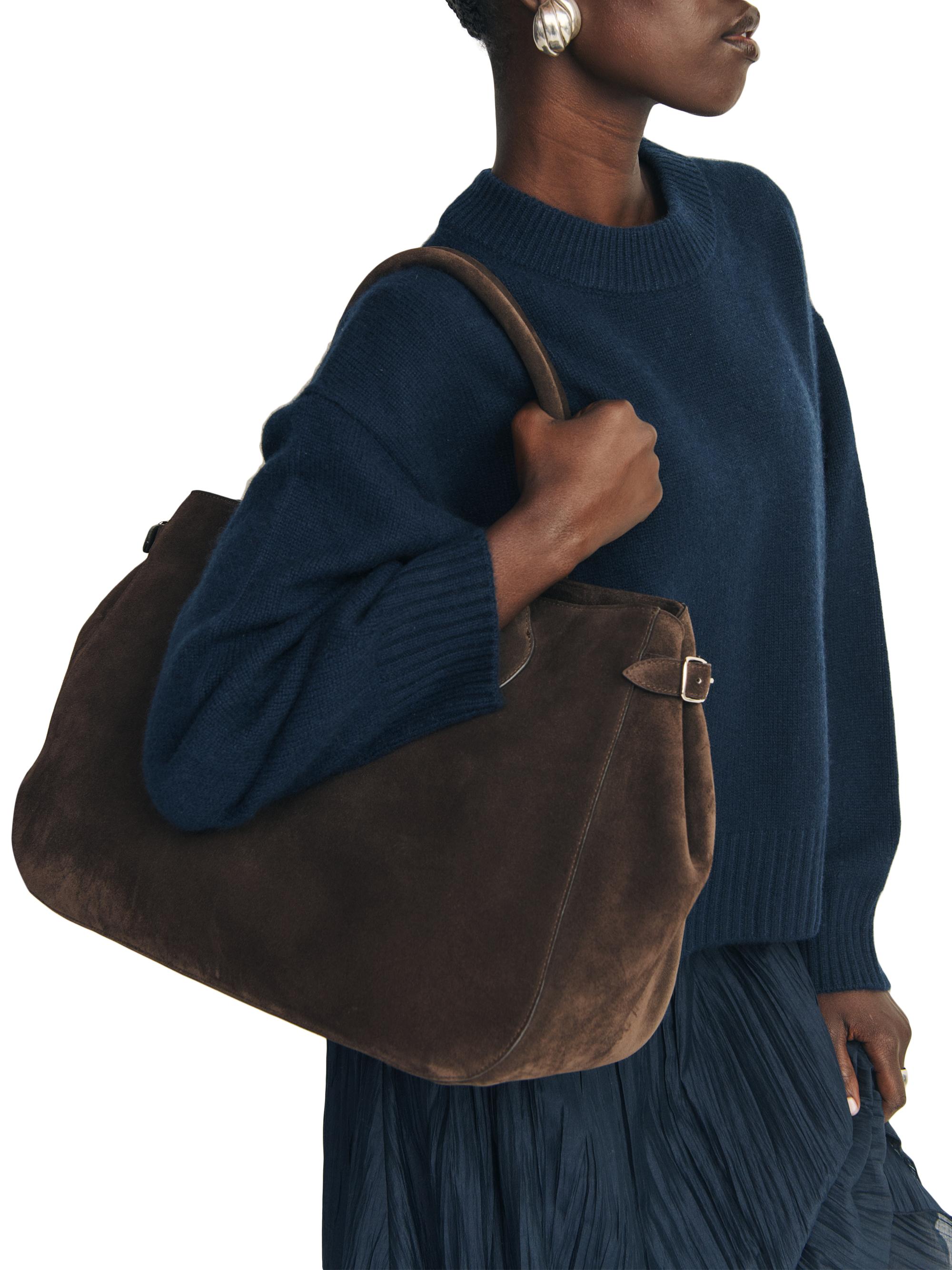 Reformation Women's Patrizia Oversized Suede Tote Bag - Boss Brown - back view in Boss brown