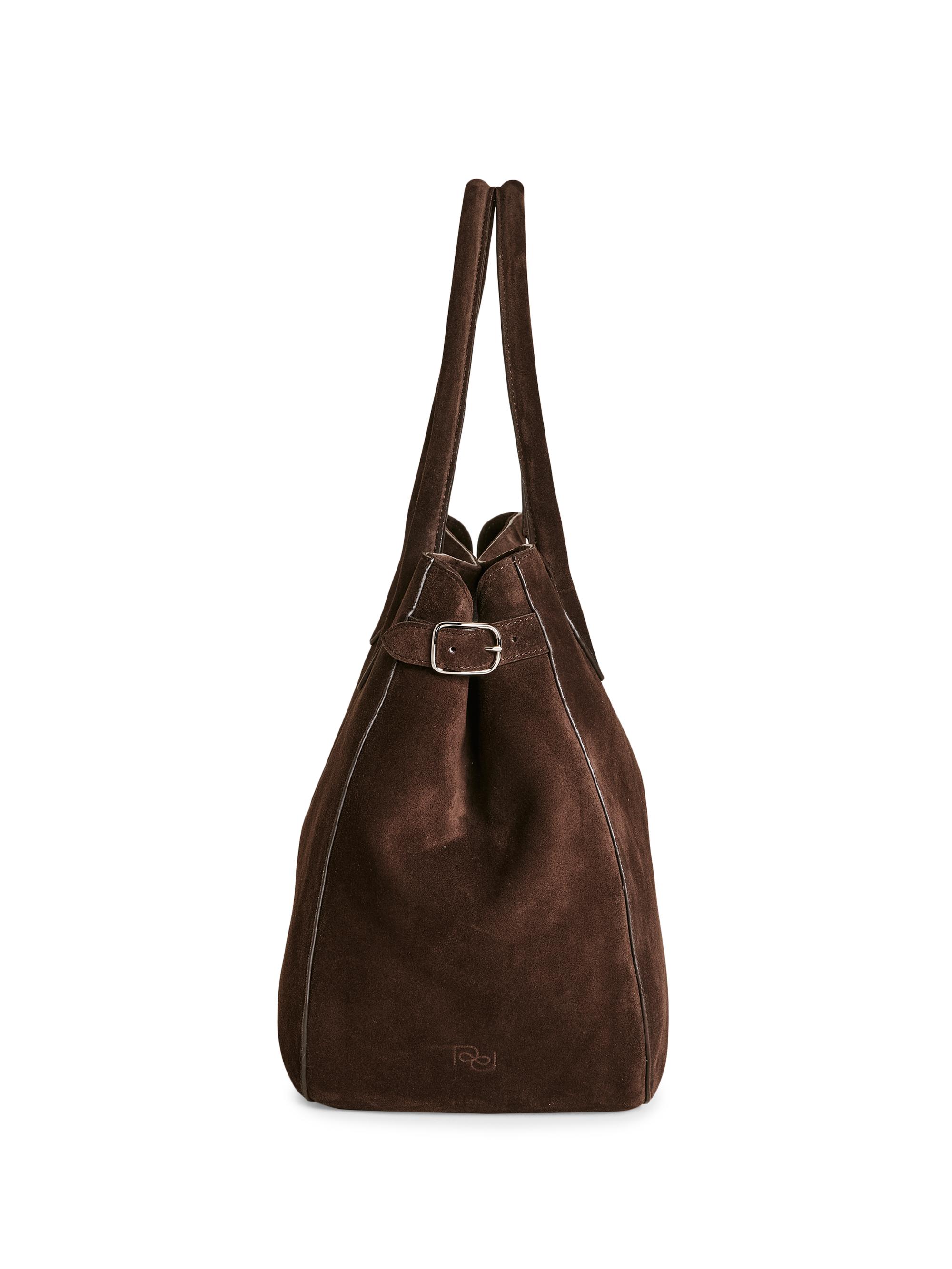 Reformation Women's Patrizia Oversized Suede Tote Bag - Boss Brown - detail view in Boss brown