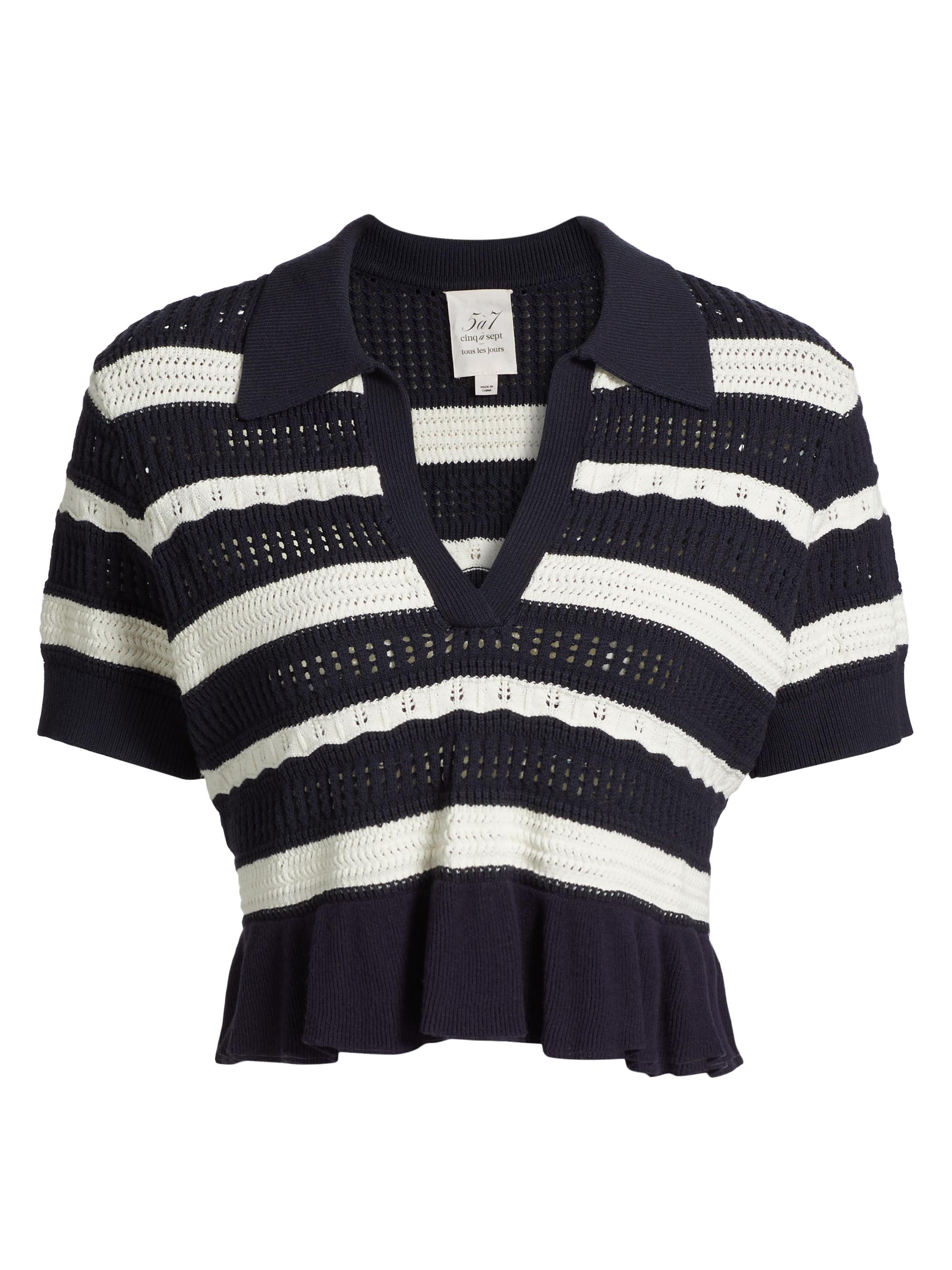 CINQ A SEPT Women's Elvire Striped Knit Short-Sleeve Polo Sweater - Navy