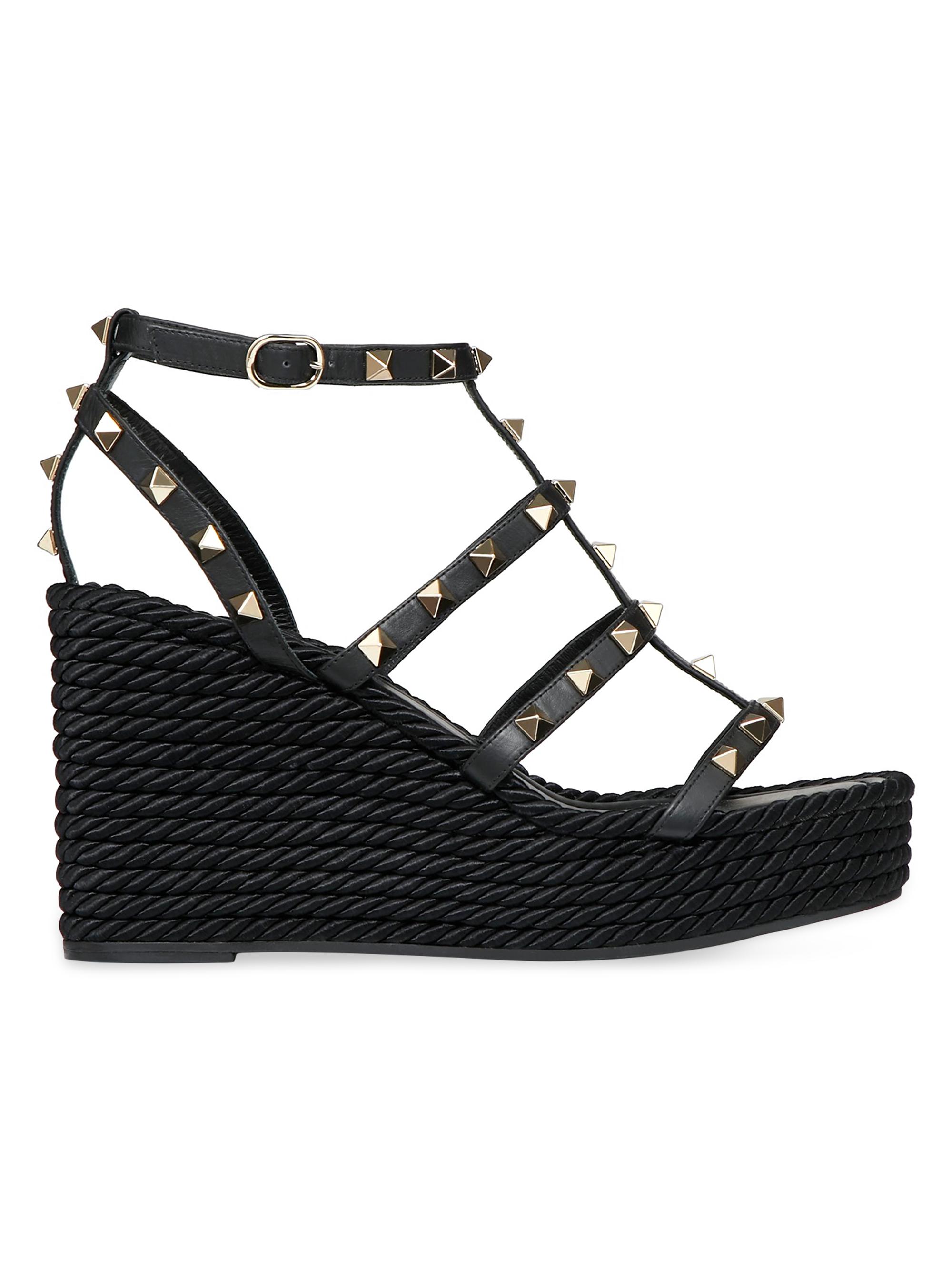 Valentino Garavani Women's Rockstud Wedge Sandals With Calfskin Straps 95MM - Black