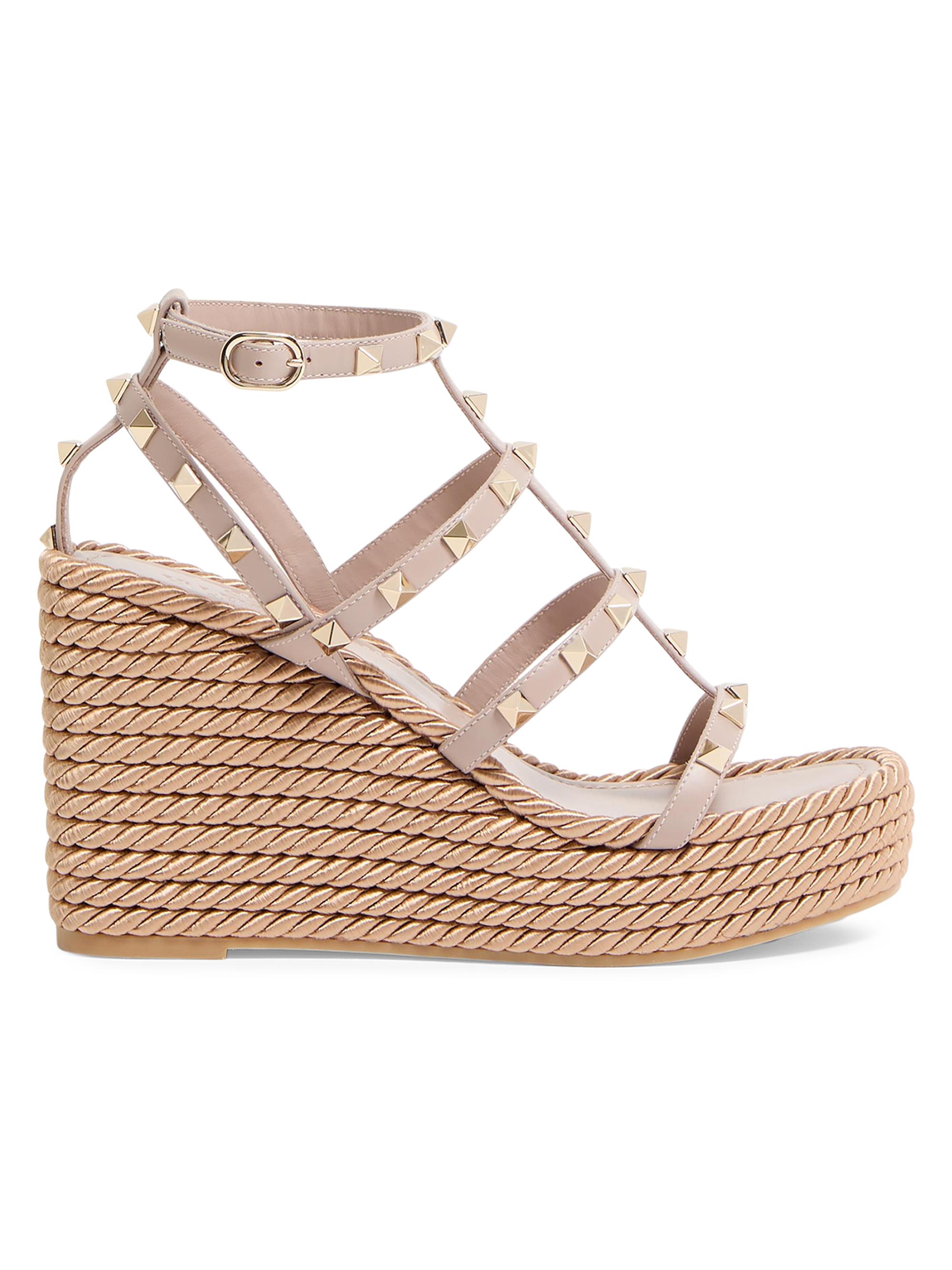 Valentino Garavani Women's Rockstud Wedge Sandals With Calfskin Straps 95MM - Poudre