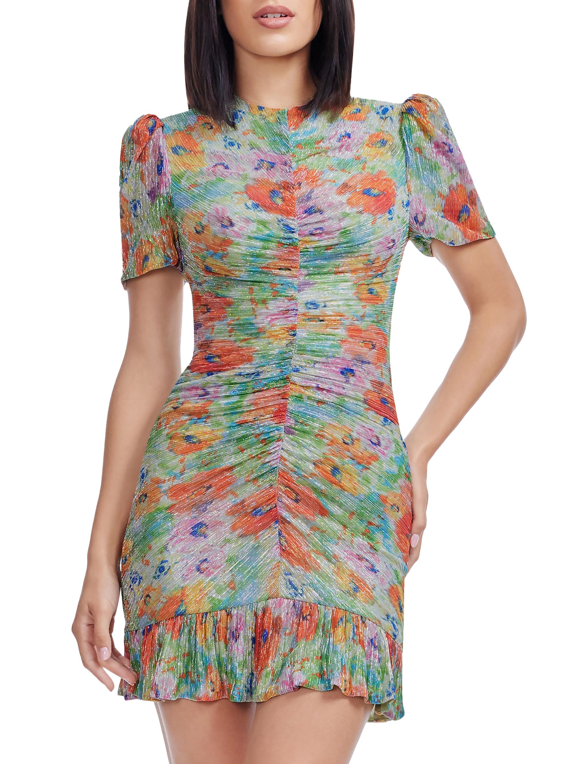 floral bodycon mini dress Cotton Candy LA Early Spring Cream Ruched Drawstring - Size M - Polyester - Square Neckline - Cap Sleeves Fitted silhouette with ruched sides for a flattering fit Hips LOFAAC Women Sexy See Through
