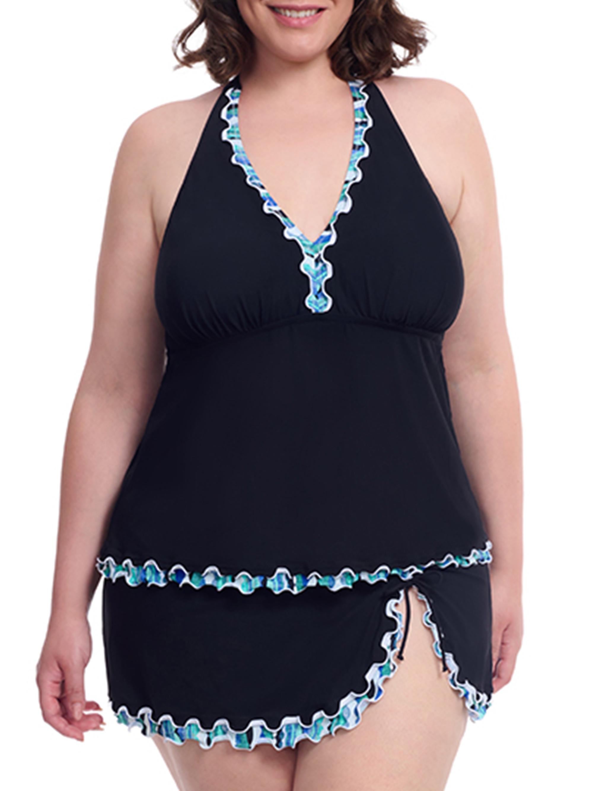 Gottex Swimwear Women's Plus Bachata Ruffled-Trim Front-Slit Swim Skirt - Black