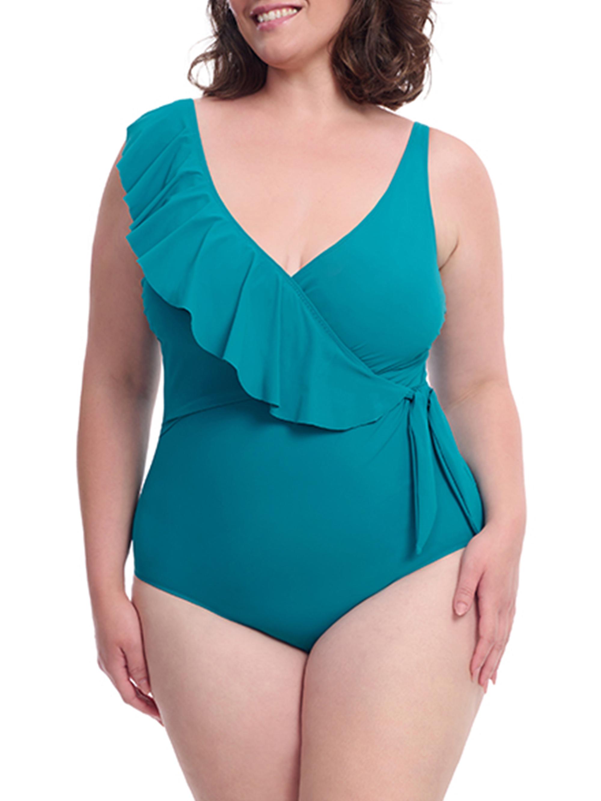 Gottex Swimwear Women's Plus Tutti Fruitti Asymmetric Ruffle One-Piece Swimsuit - Jade