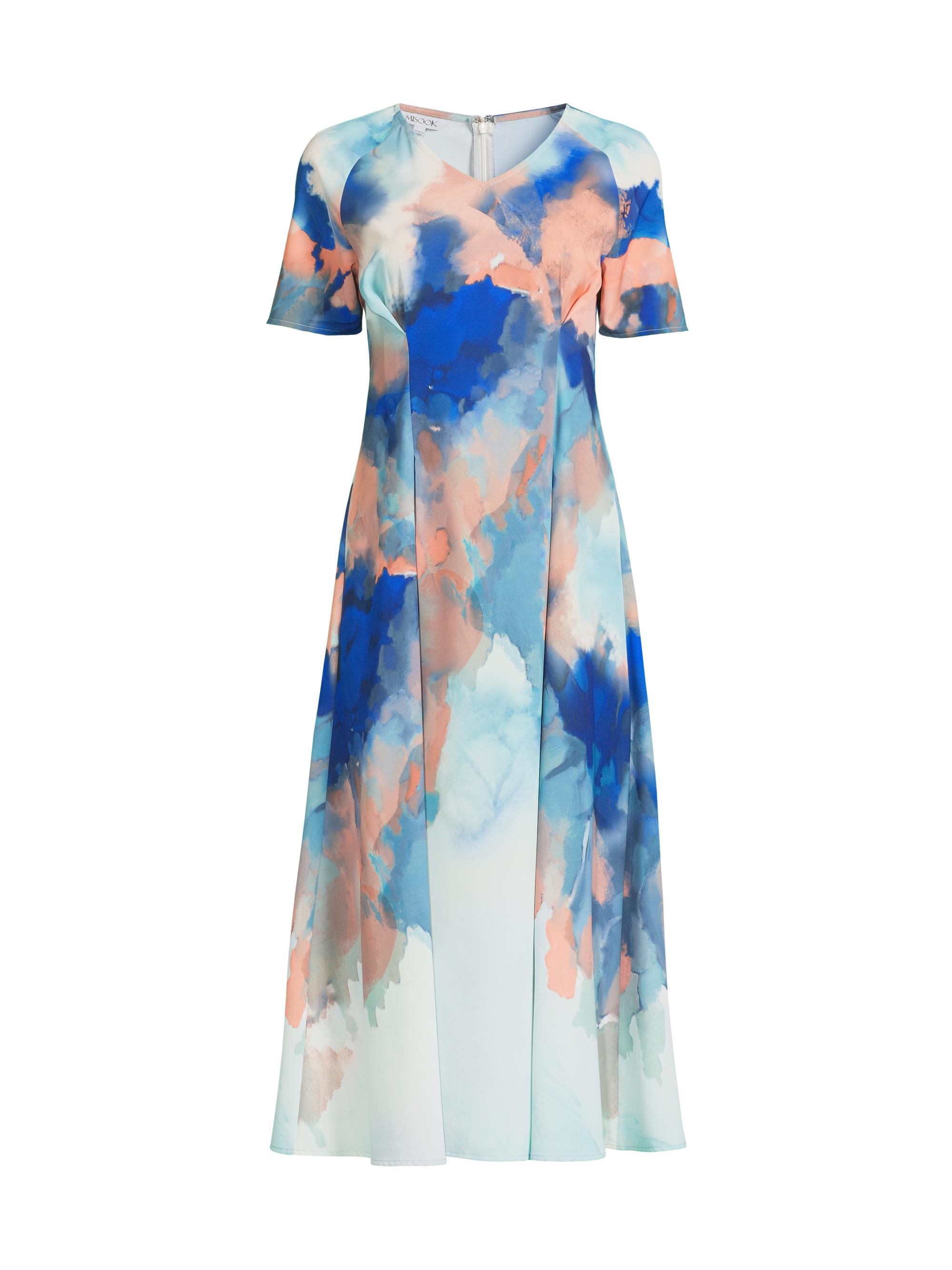 Misook Women's Modern Fit Watercolor-Print Midi-Dress - Aegean Blue