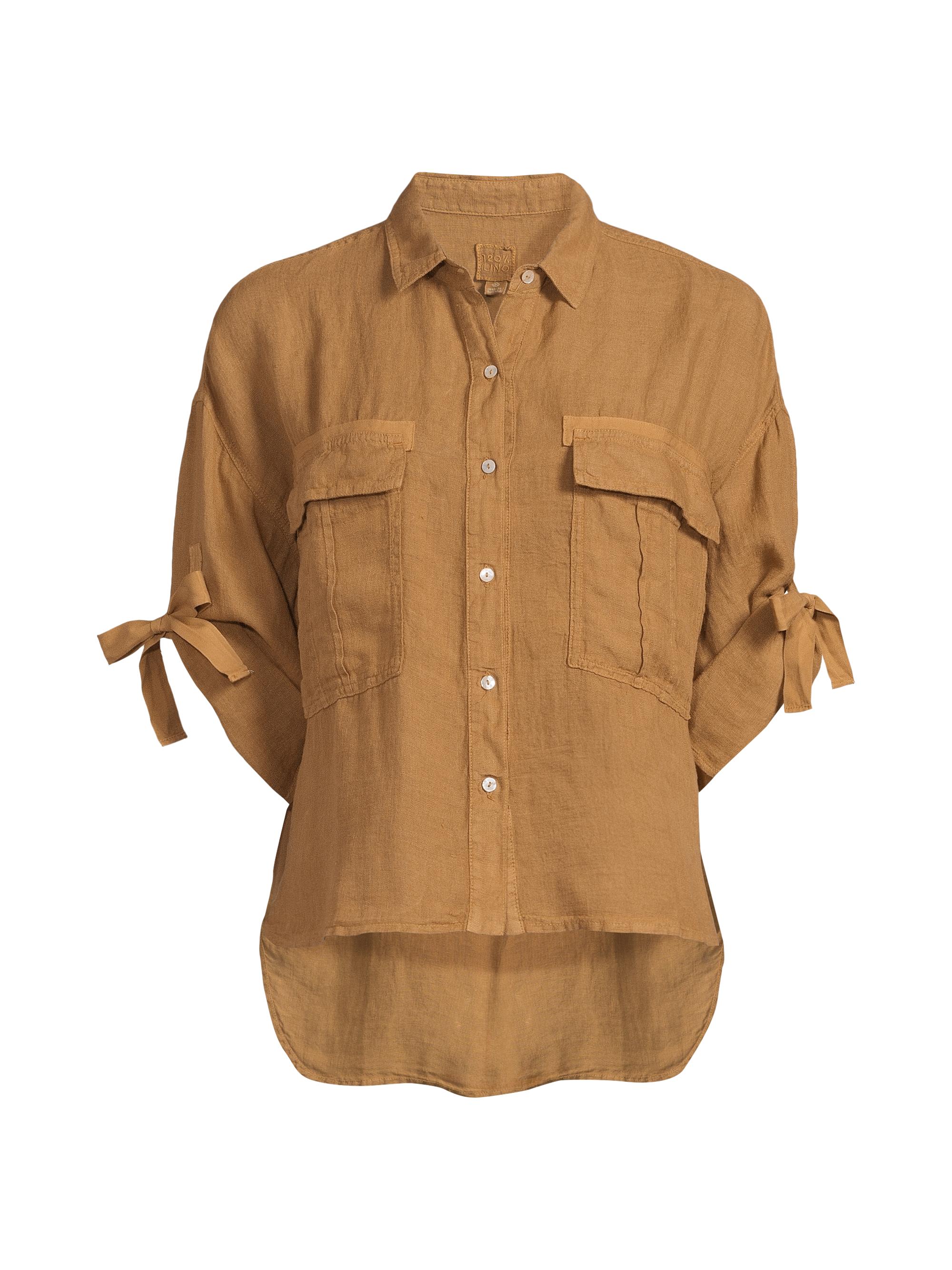 120% Lino Women's Linen Pocket Shirt - Curry