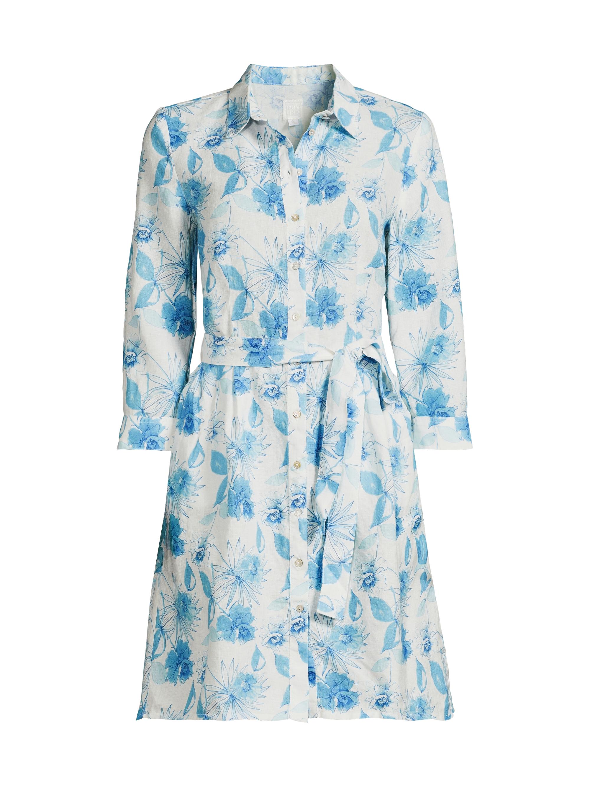 120% Lino Women's Floral Linen Belted Shirtdress - Blue Printed Fabric