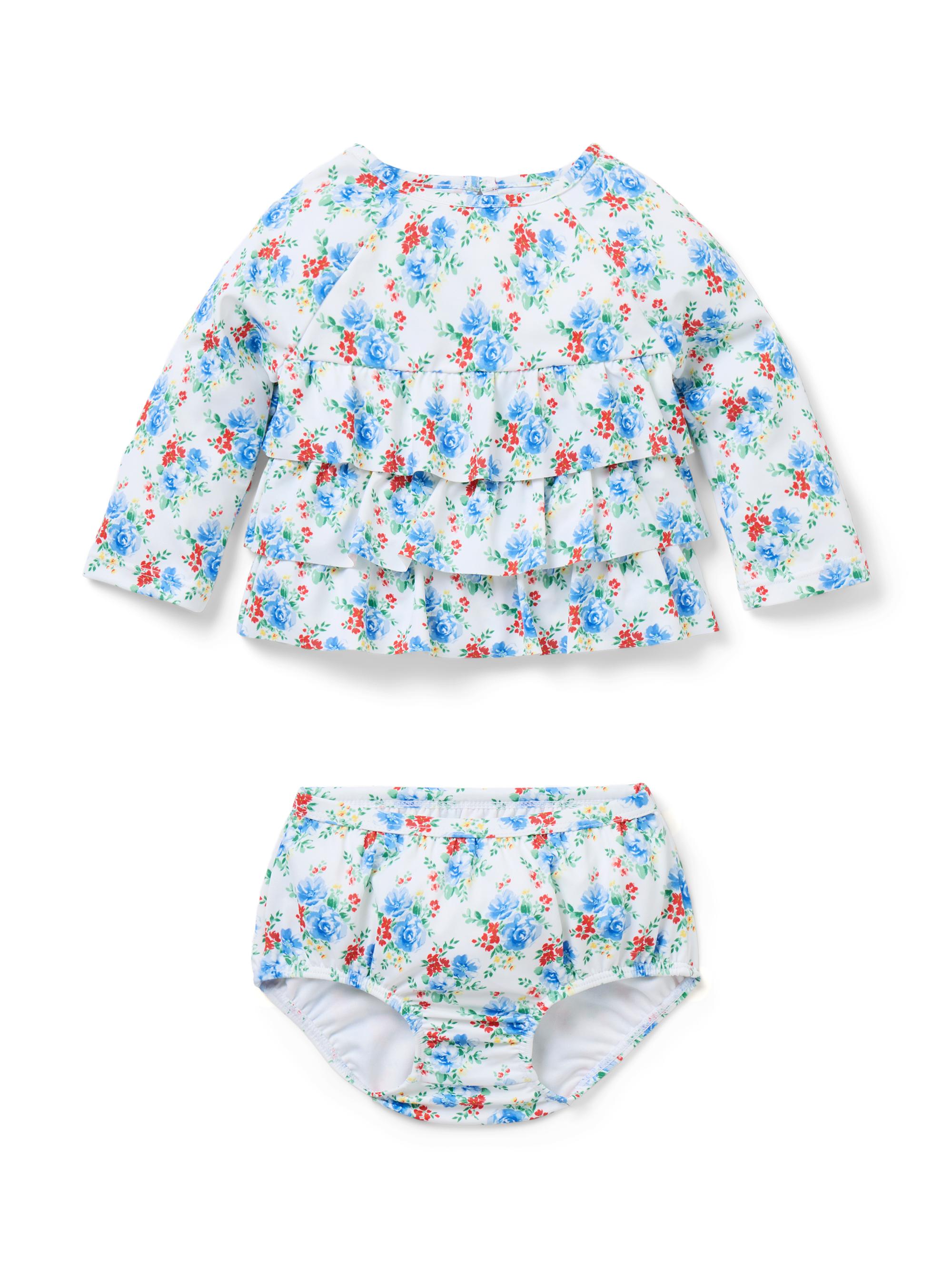 Janie and Jack Baby Girl's Floral Ruffle Rashguard Top, Bottoms & Swim Hat Set 6 Months