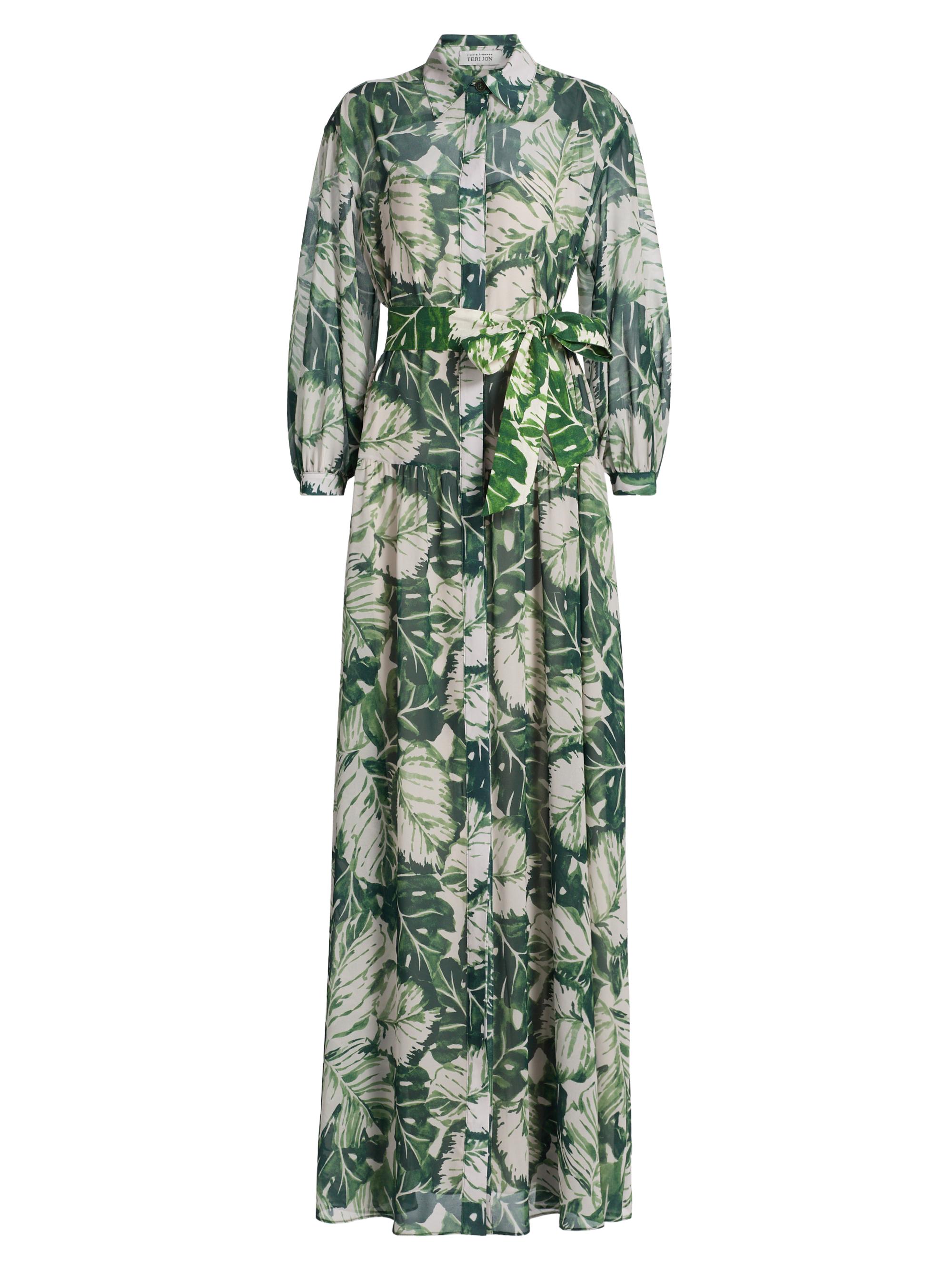 Teri Jon by Rickie Freeman Women's Palm Leaf Maxi Shirtdress - Green Multi